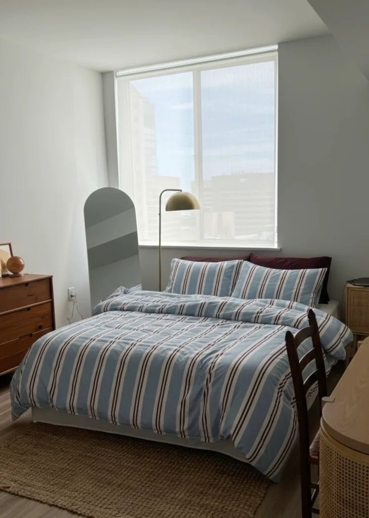 - Ever Lasting - Jersey Knit Retro Stripe Bedding Set / Blue + Burgundy - Bedding Set - Ever Lasting