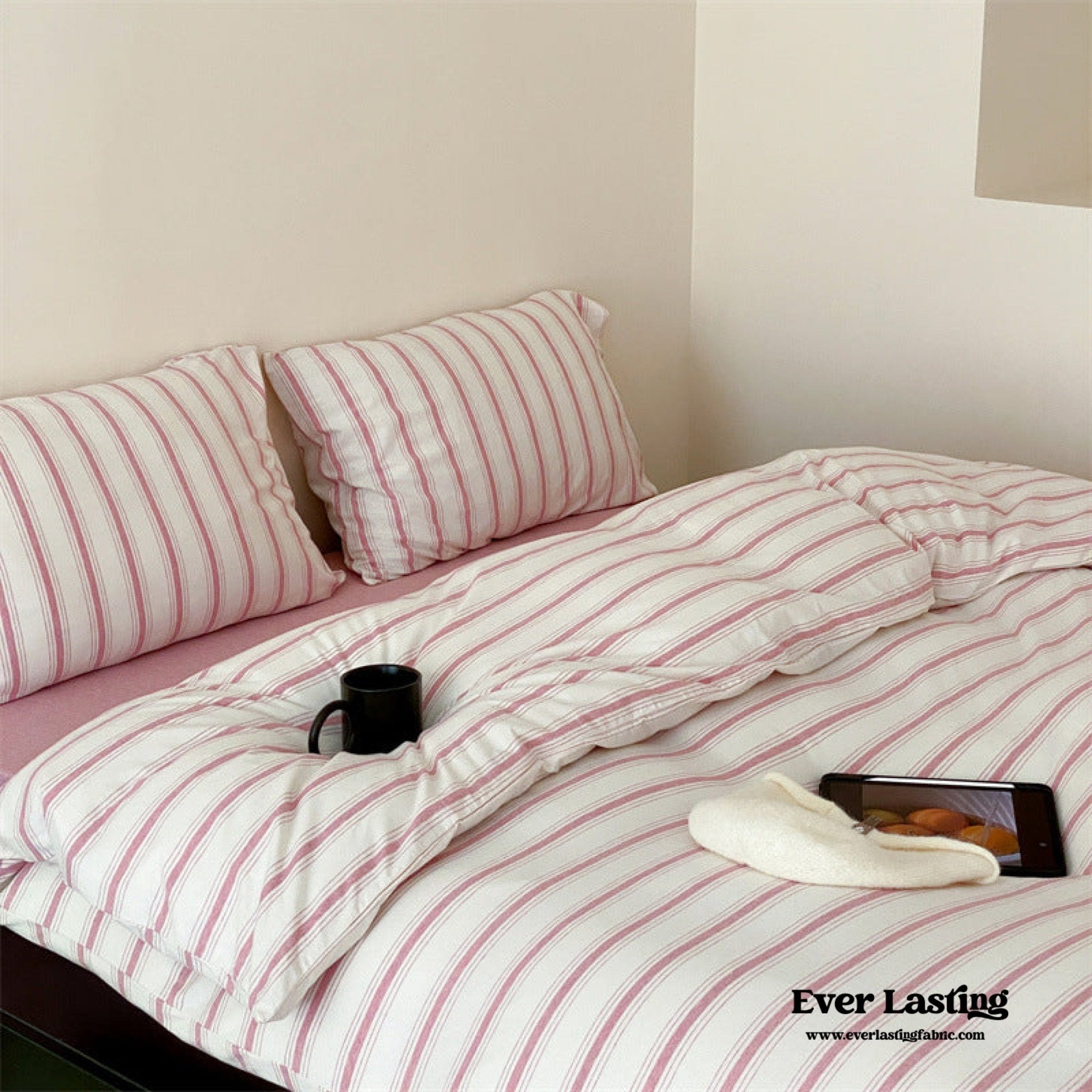 Jersey Knit Stripe Bedding Set / White Pink - Ever Lasting