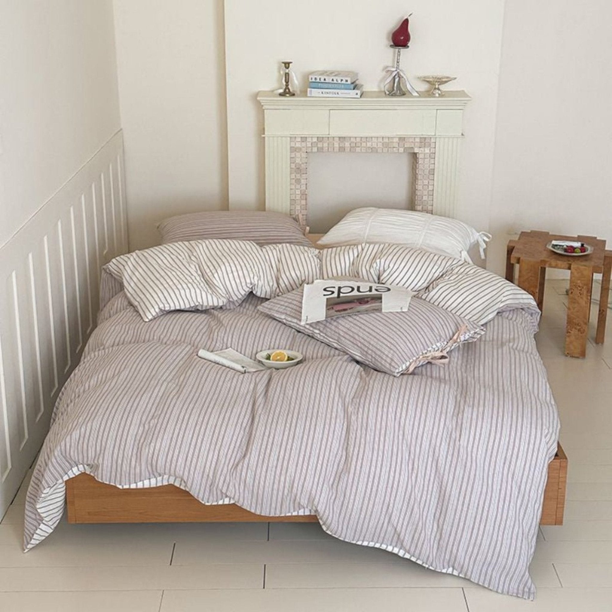 Josie Bow Tied Striped Bedding Set / Cream - Ever Lasting