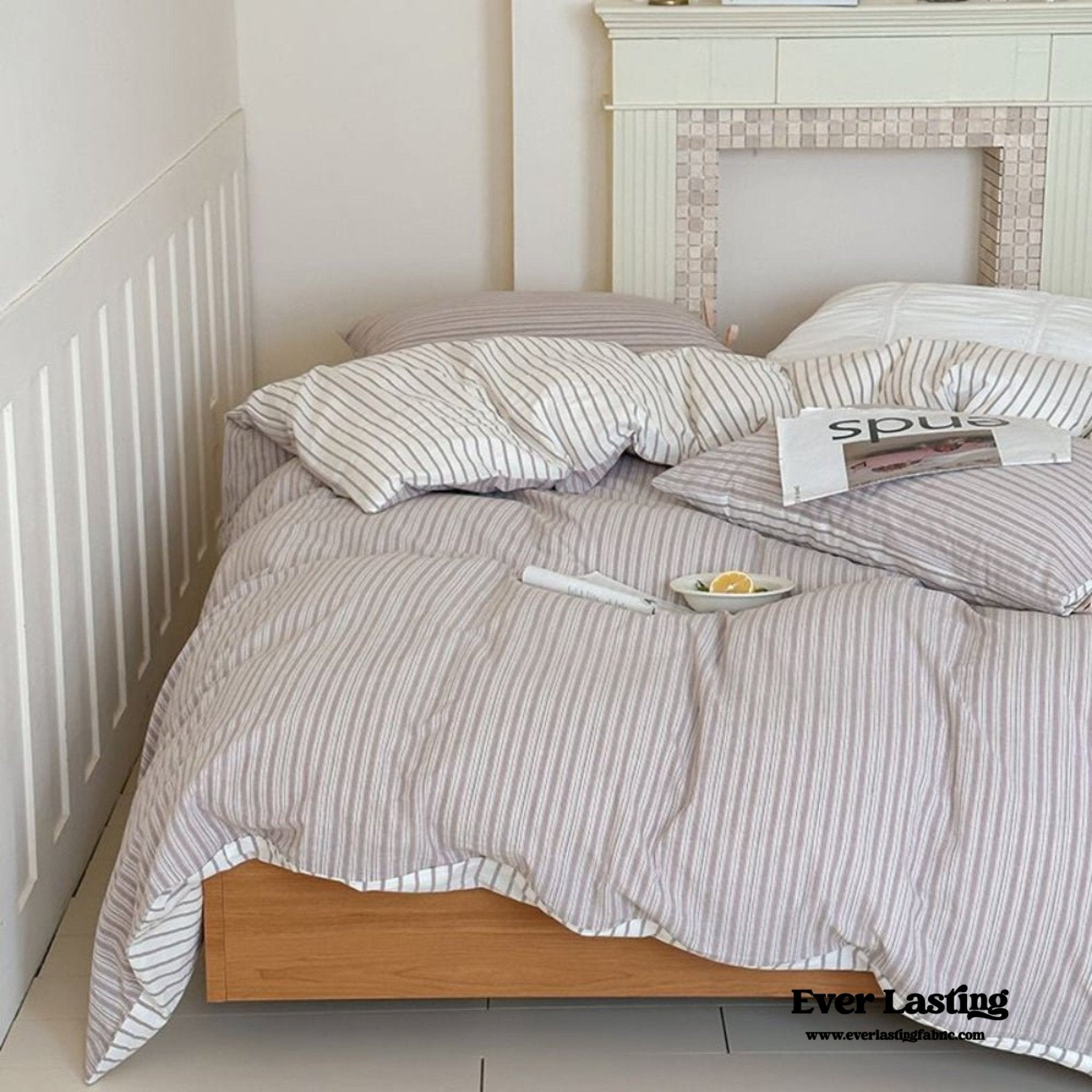 Josie Bow Tied Striped Bedding Set / Gray - Ever Lasting