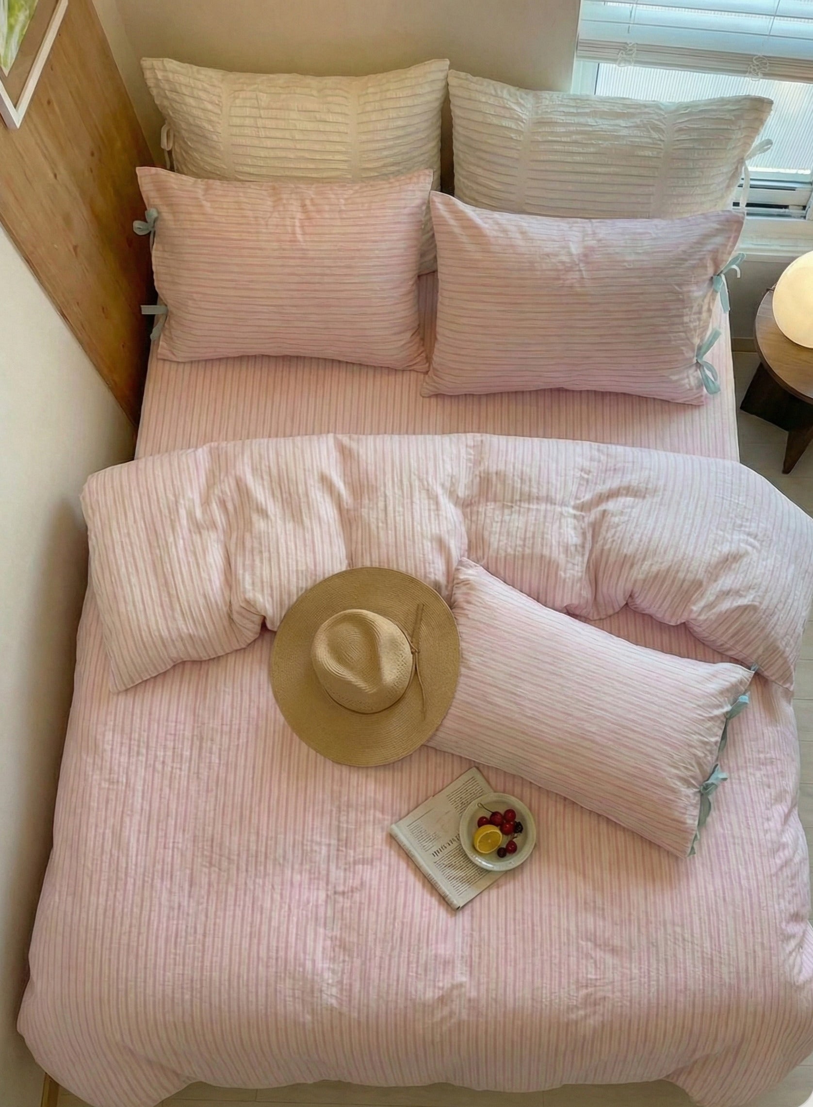 - Ever Lasting - Josie Bow Tied Striped Small Room Bedding Set / Pink - Bedding Set - Ever Lasting