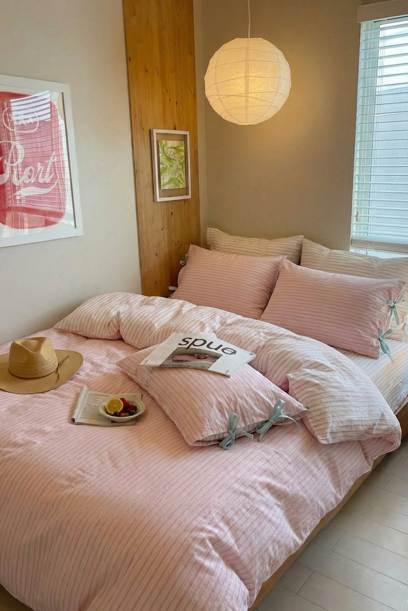 - Ever Lasting - Josie Bow Tied Striped Small Room Bedding Set / Pink - Bedding Set - Ever Lasting