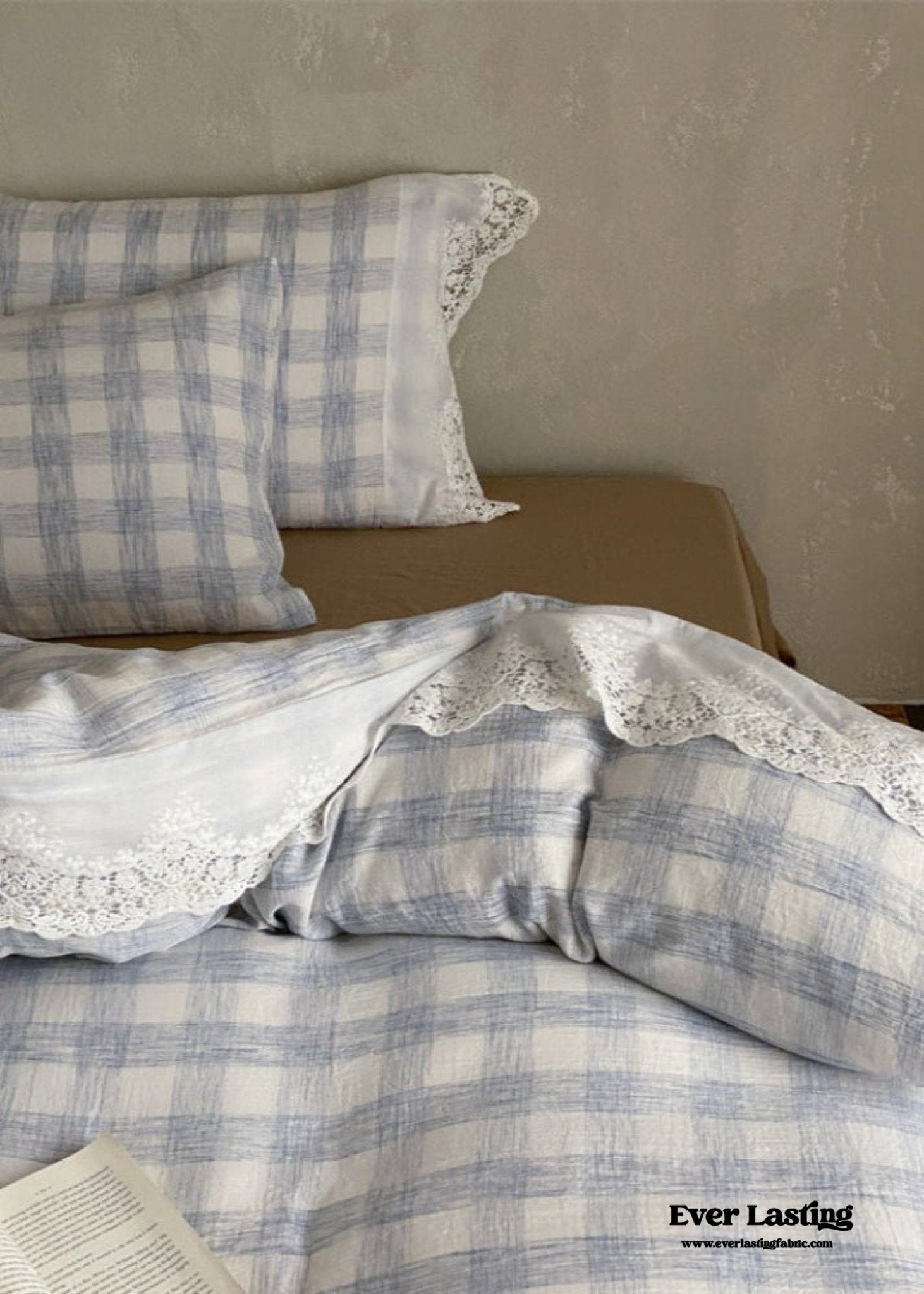 June Lace Double Gauze Gingham Bedding Set / Brown - Ever Lasting