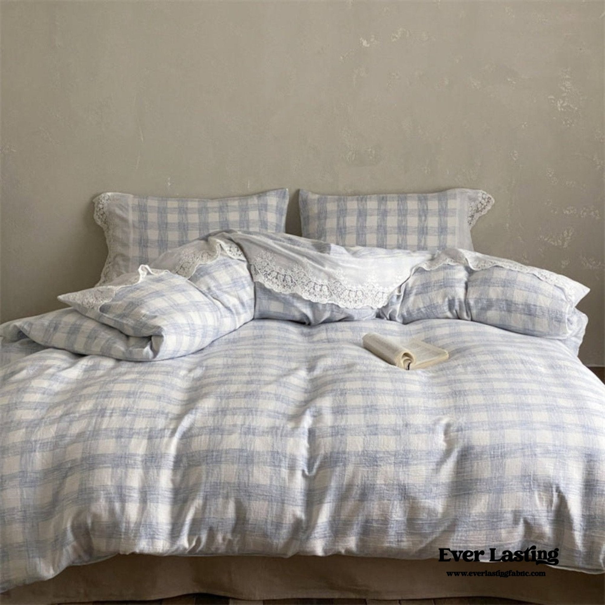 June Lace Double Gauze Gingham Bedding Set / Brown - Ever Lasting
