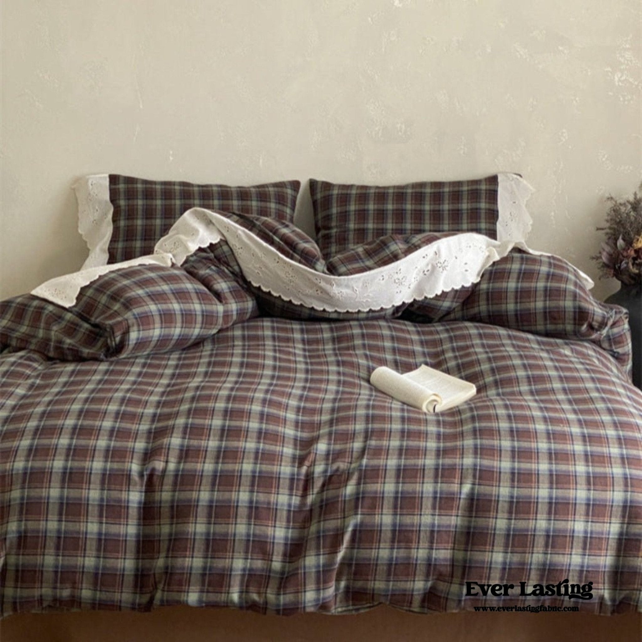 June Lace Double Gauze Gingham Bedding Set / Brown - Ever Lasting