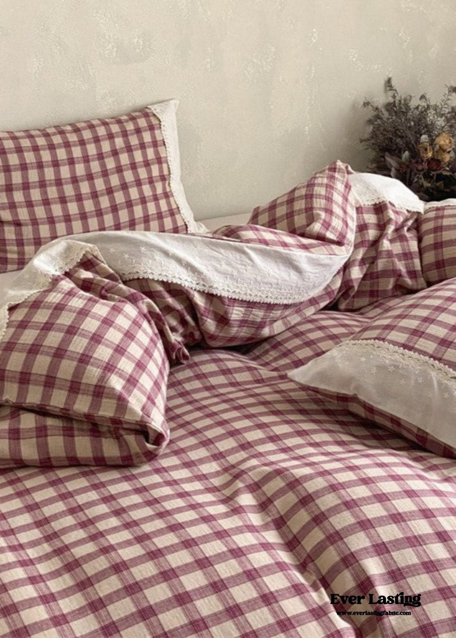 June Lace Double Gauze Gingham Bedding Set / Brown - Ever Lasting