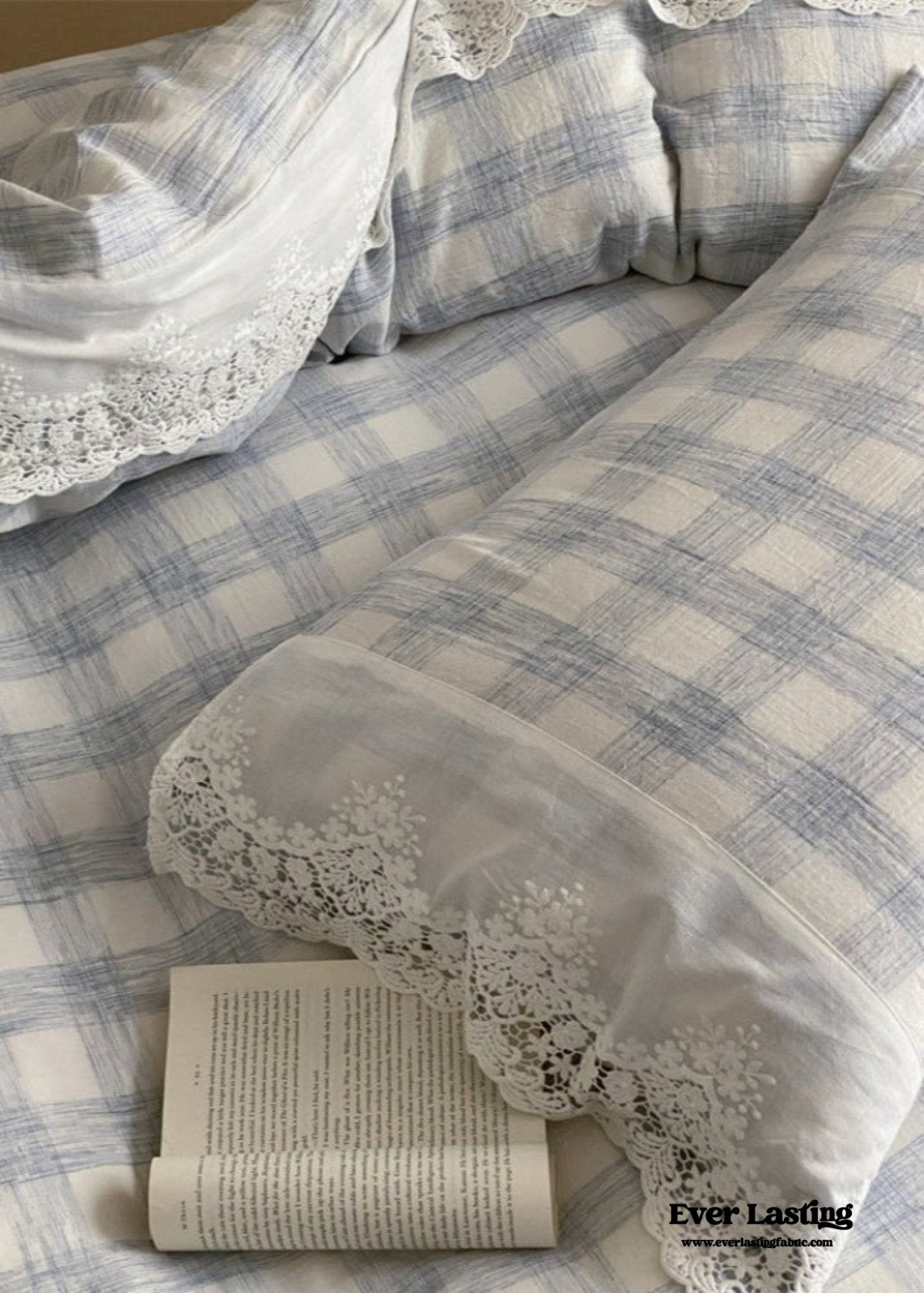 June Lace Double Gauze Gingham Bedding Set / Brown - Ever Lasting