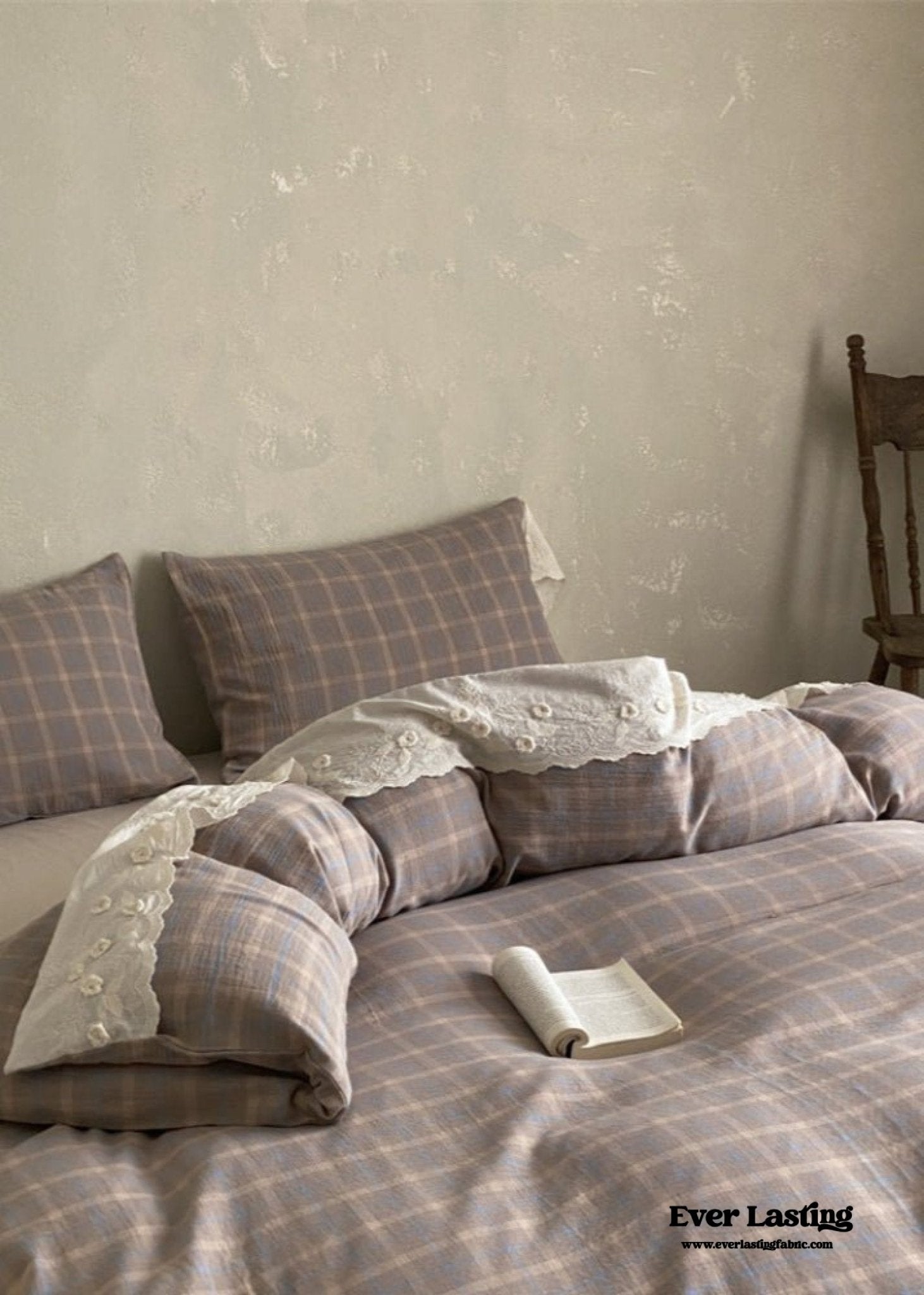 June Lace Double Gauze Gingham Bedding Set / Brown - Ever Lasting