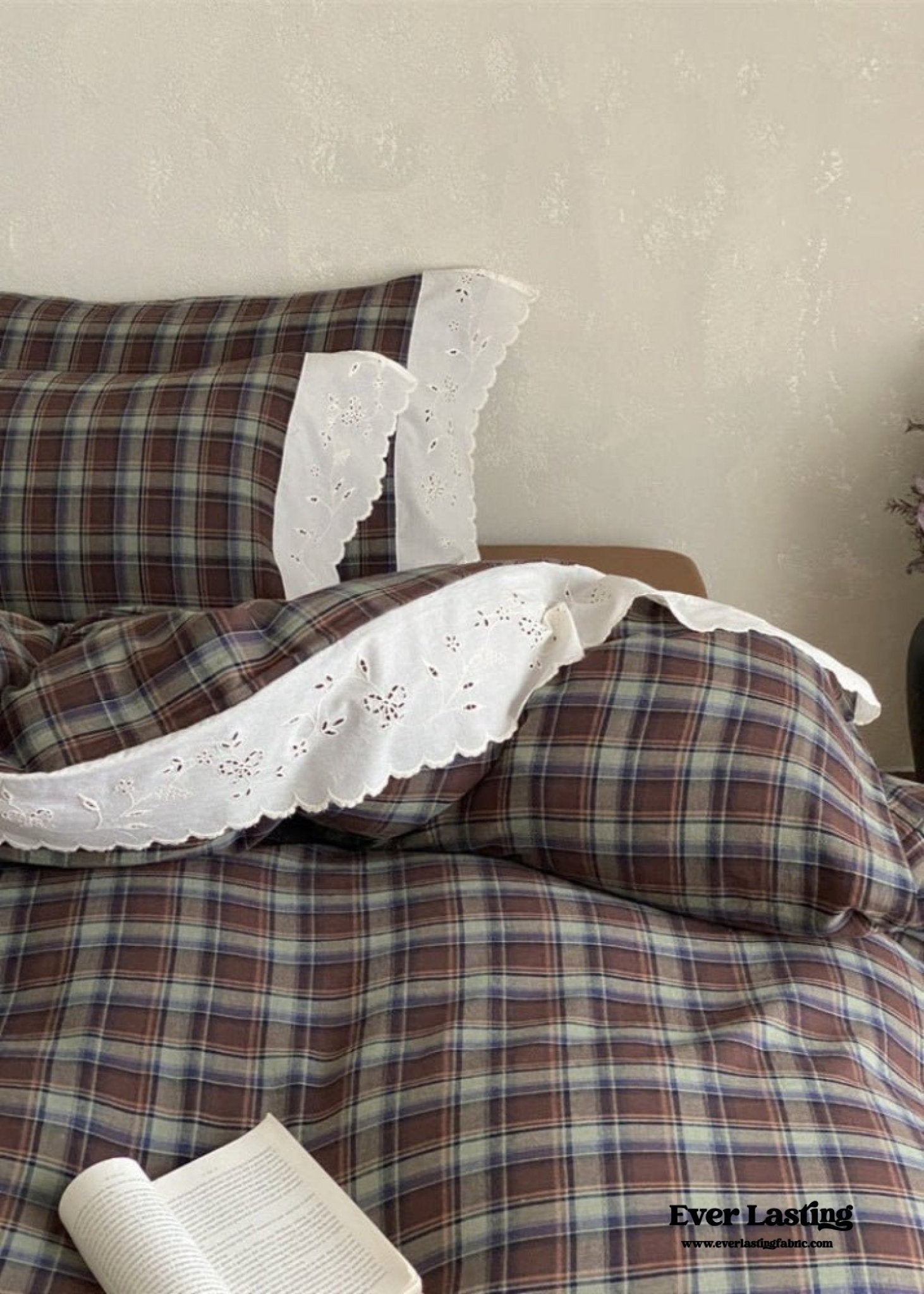 June Lace Double Gauze Gingham Bedding Set / Brown - Ever Lasting