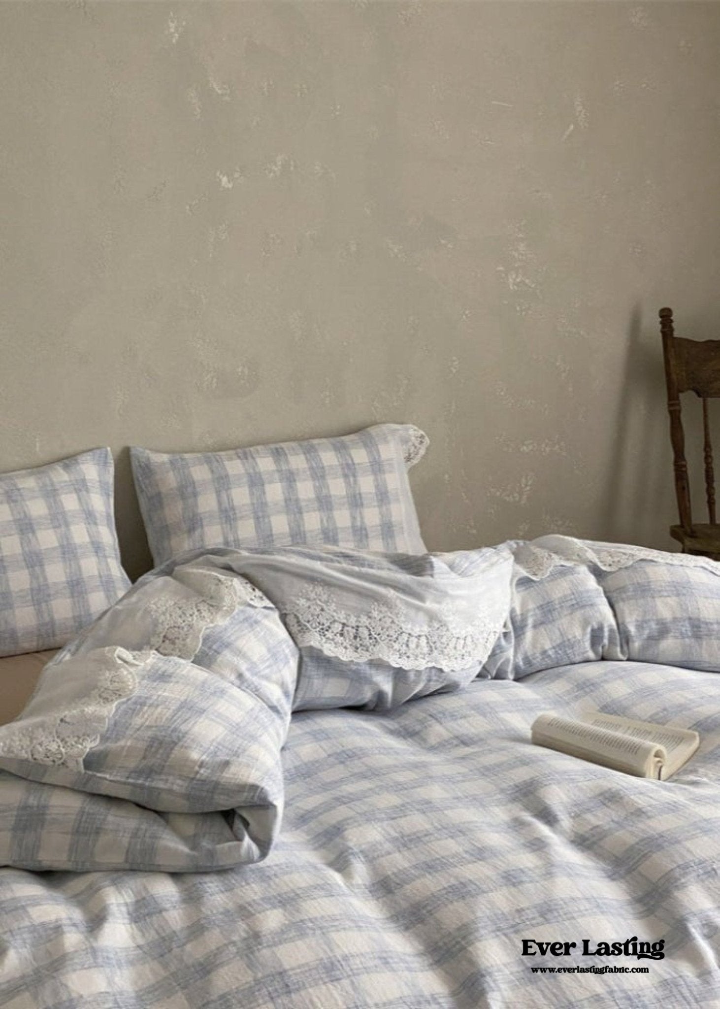 June Lace Double Gauze Gingham Bedding Set / Brown - Ever Lasting