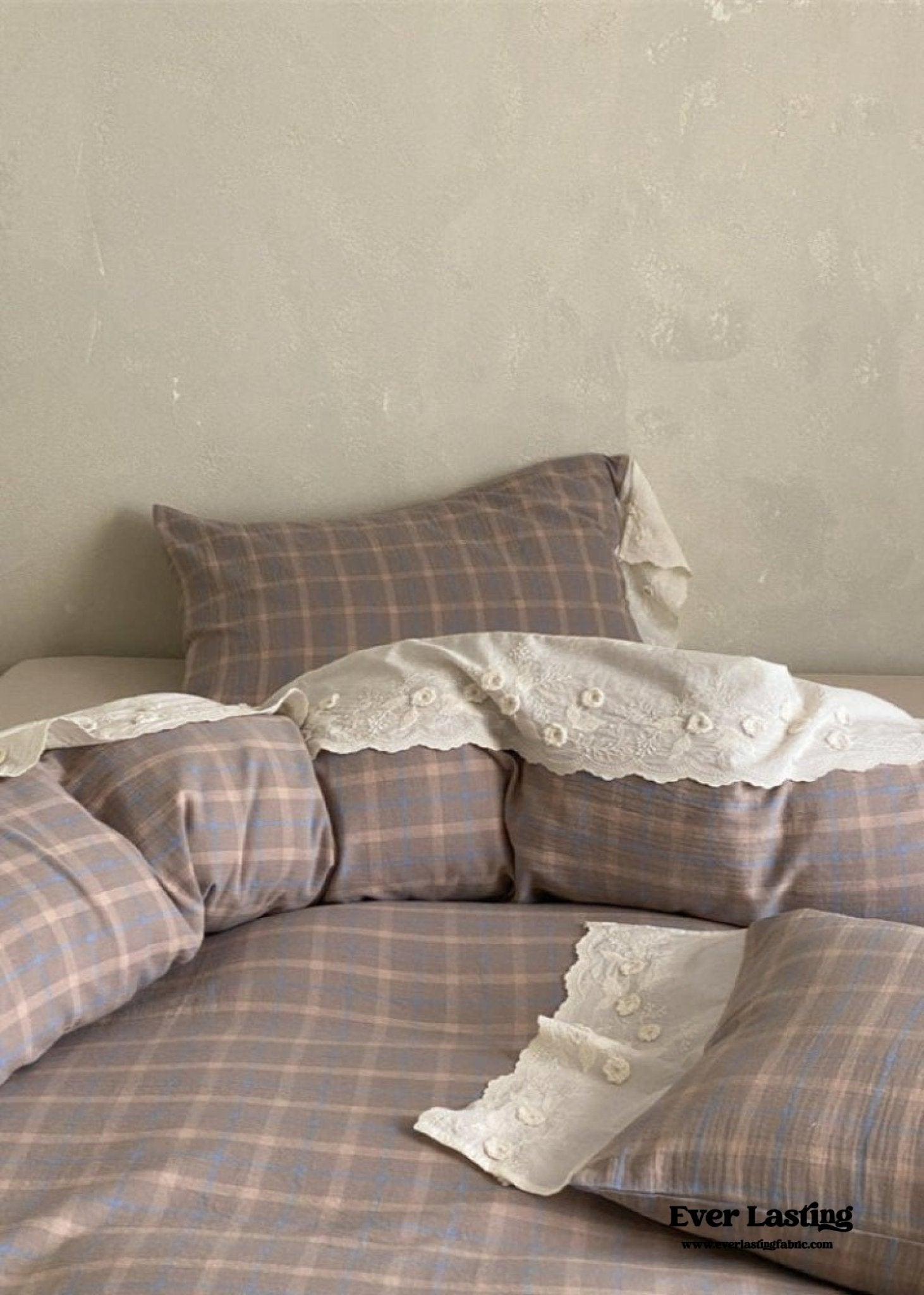 June Lace Double Gauze Gingham Bedding Set / Brown - Ever Lasting
