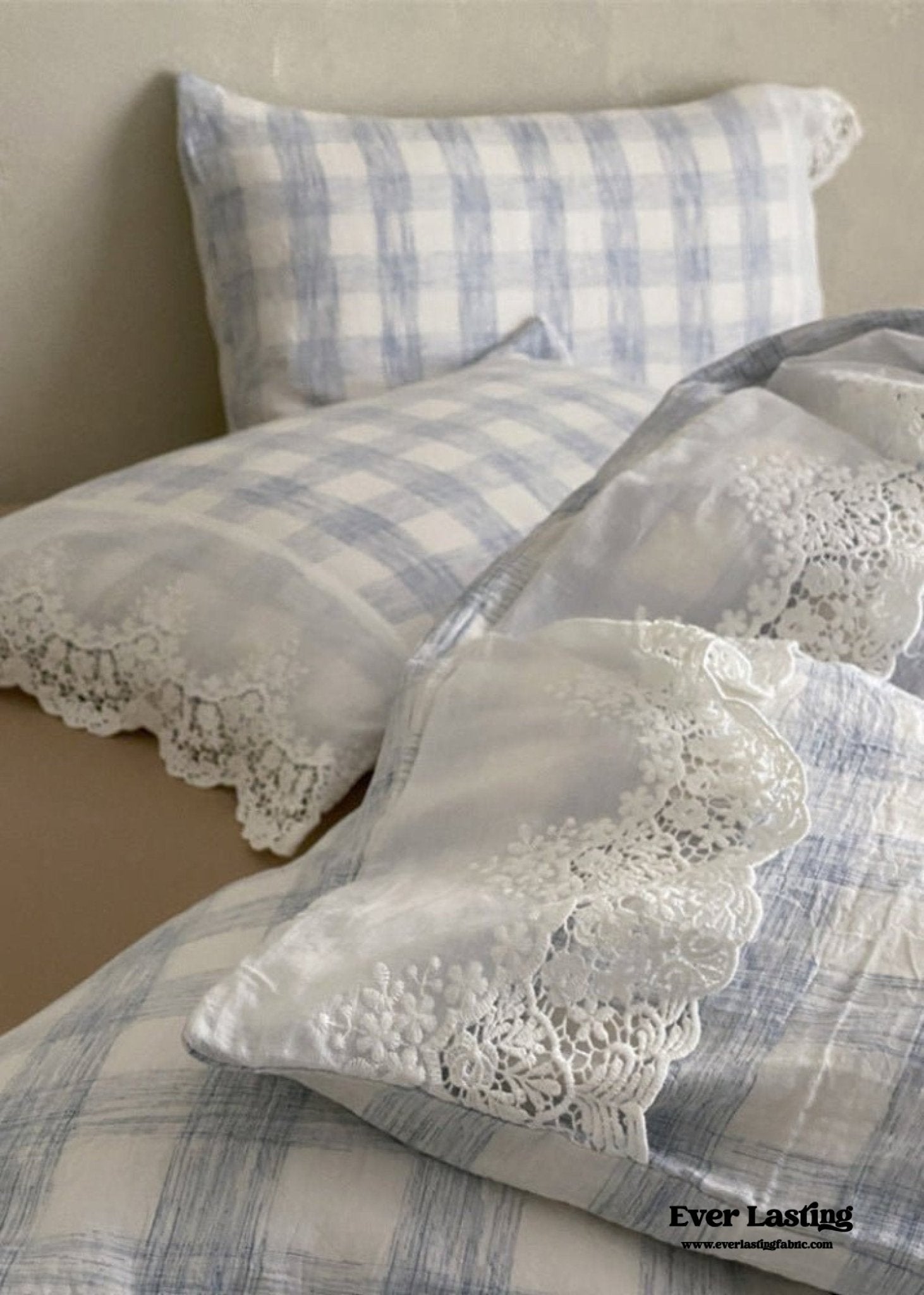 June Lace Double Gauze Gingham Bedding Set / Brown - Ever Lasting