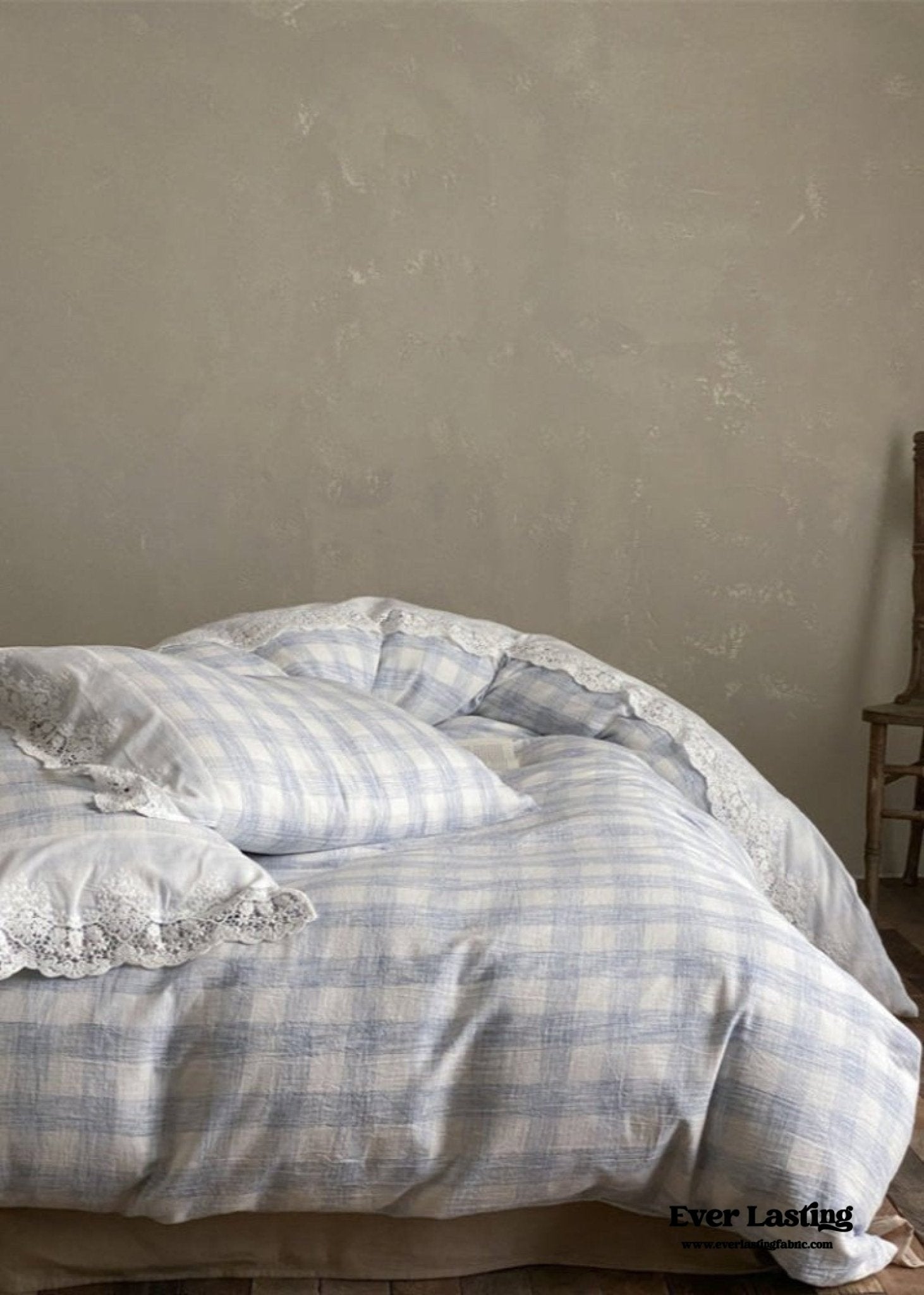 June Lace Double Gauze Gingham Bedding Set / Brown - Ever Lasting