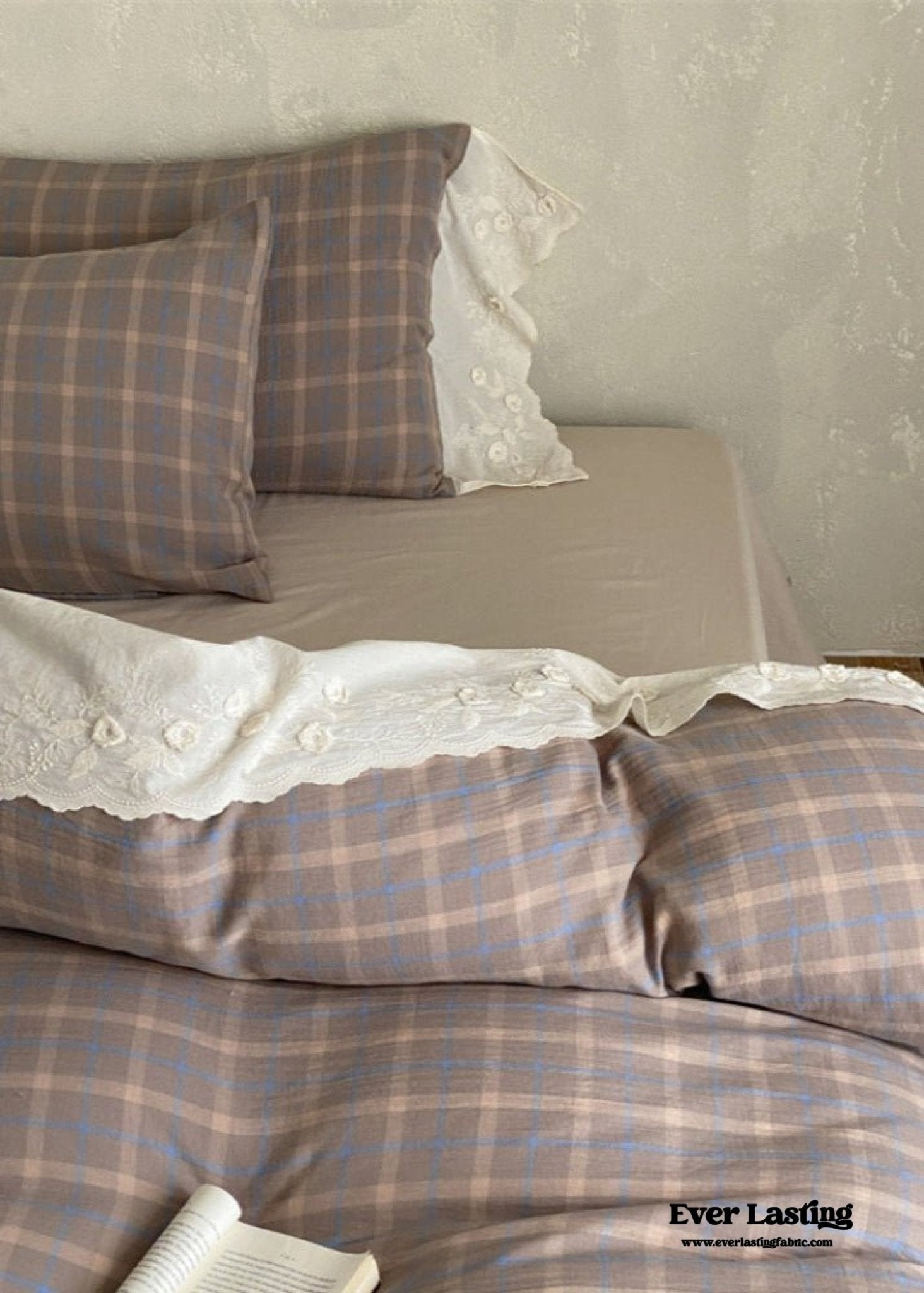 June Lace Double Gauze Gingham Bedding Set / Brown - Ever Lasting