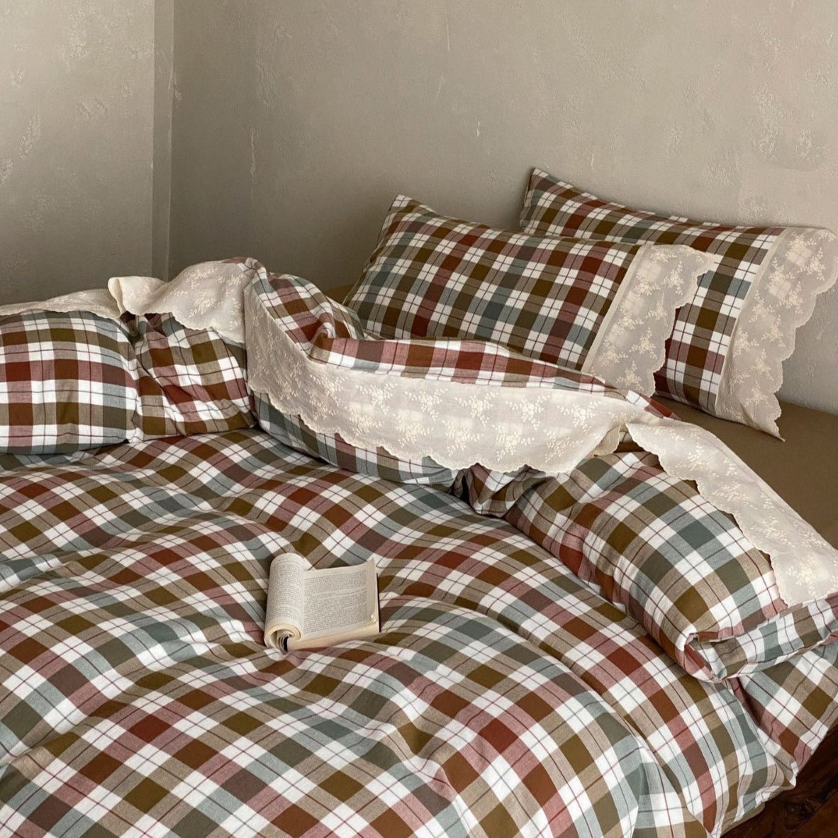 June Lace Double Gauze Gingham Bedding Set / Green - Ever Lasting