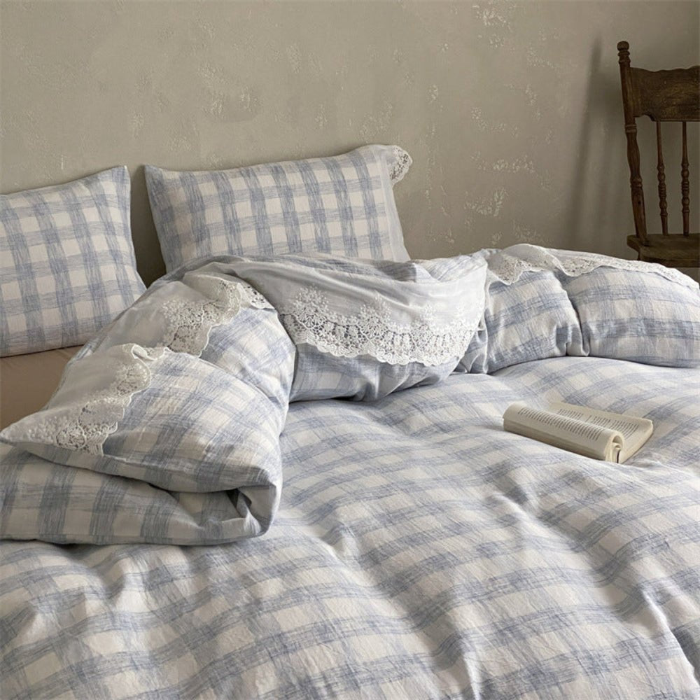 June Lace Double Gauze Gingham Bedding Set / Green - Ever Lasting