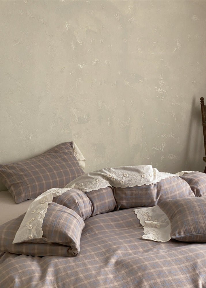 June Lace Double Gauze Gingham Bedding Set / Green - Ever Lasting