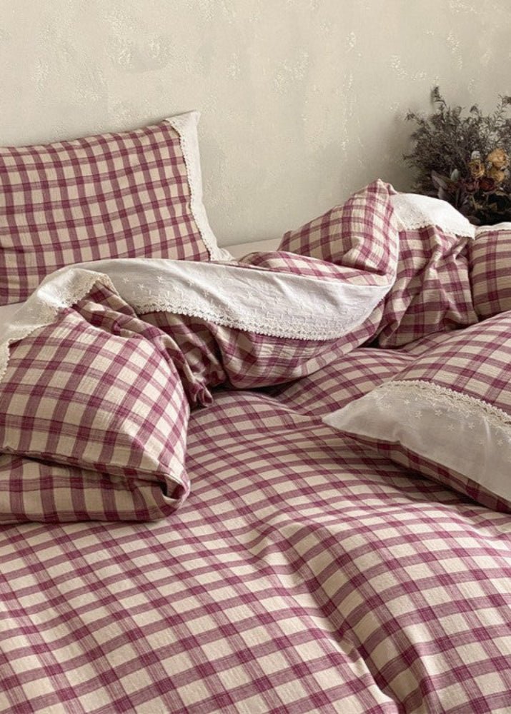 June Lace Double Gauze Gingham Bedding Set / Green - Ever Lasting