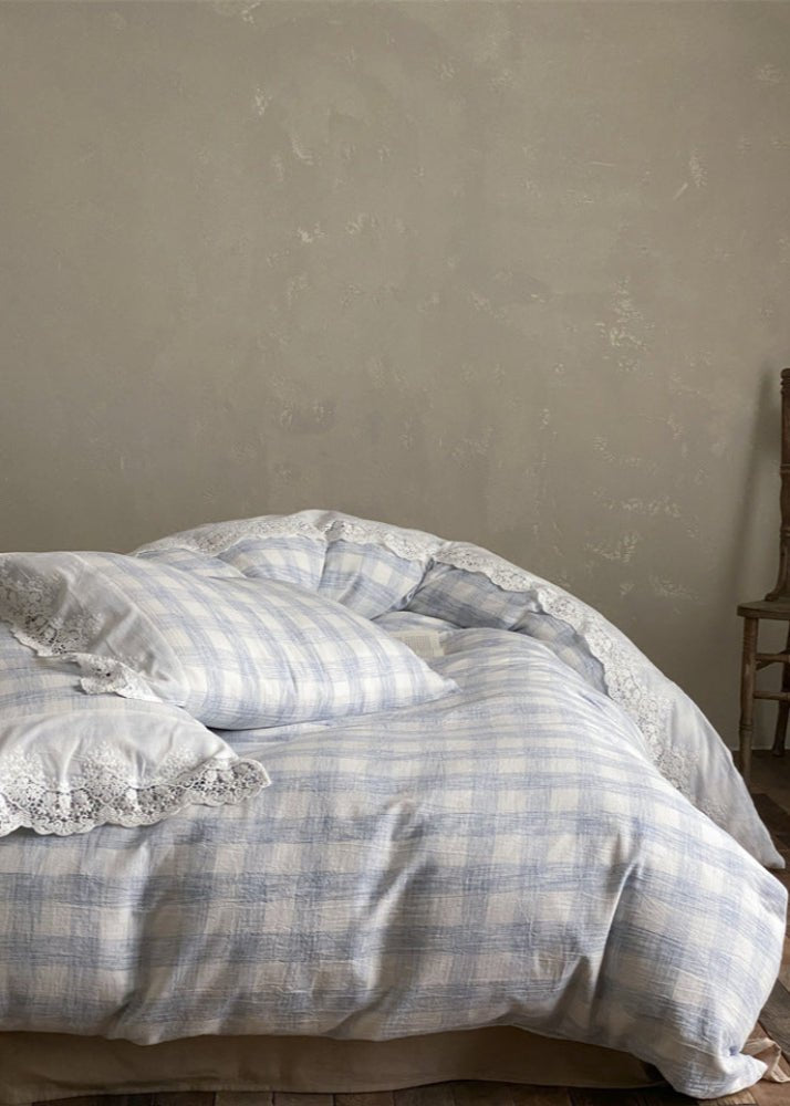 June Lace Double Gauze Gingham Bedding Set / Green - Ever Lasting