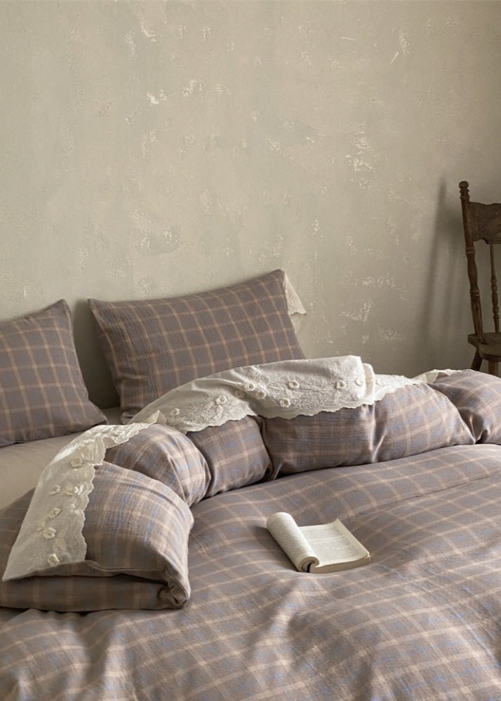 June Lace Double Gauze Gingham Bedding Set / Green - Ever Lasting