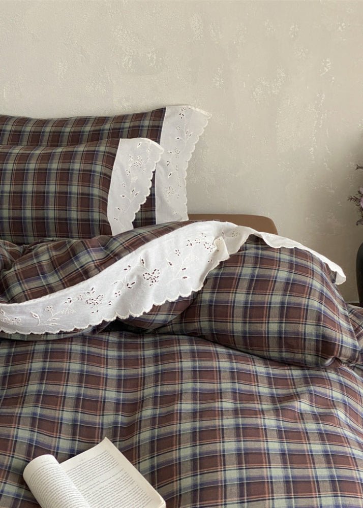 June Lace Double Gauze Gingham Bedding Set / Green - Ever Lasting