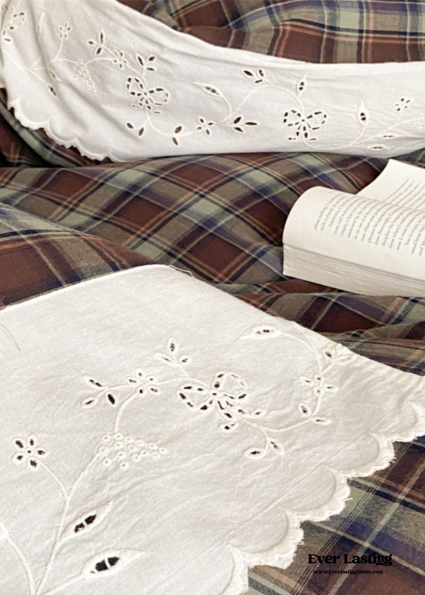 June Lace Double Gauze Gingham Bedding Set / Khaki - Ever Lasting