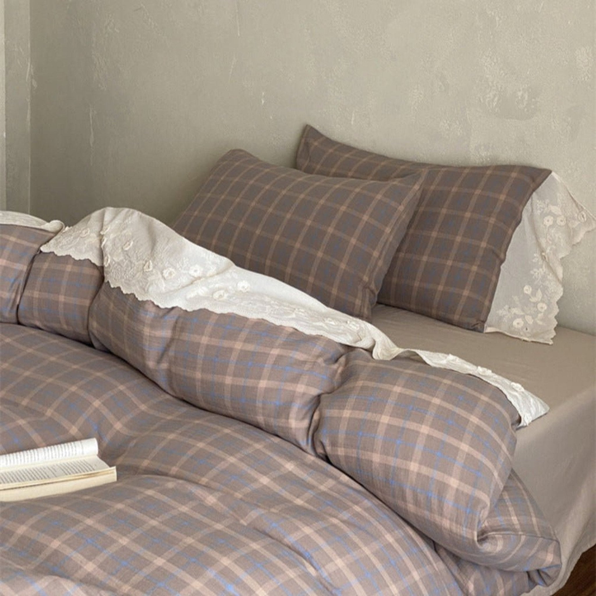 June Lace Double Gauze Gingham Bedding Set / Khaki - Ever Lasting