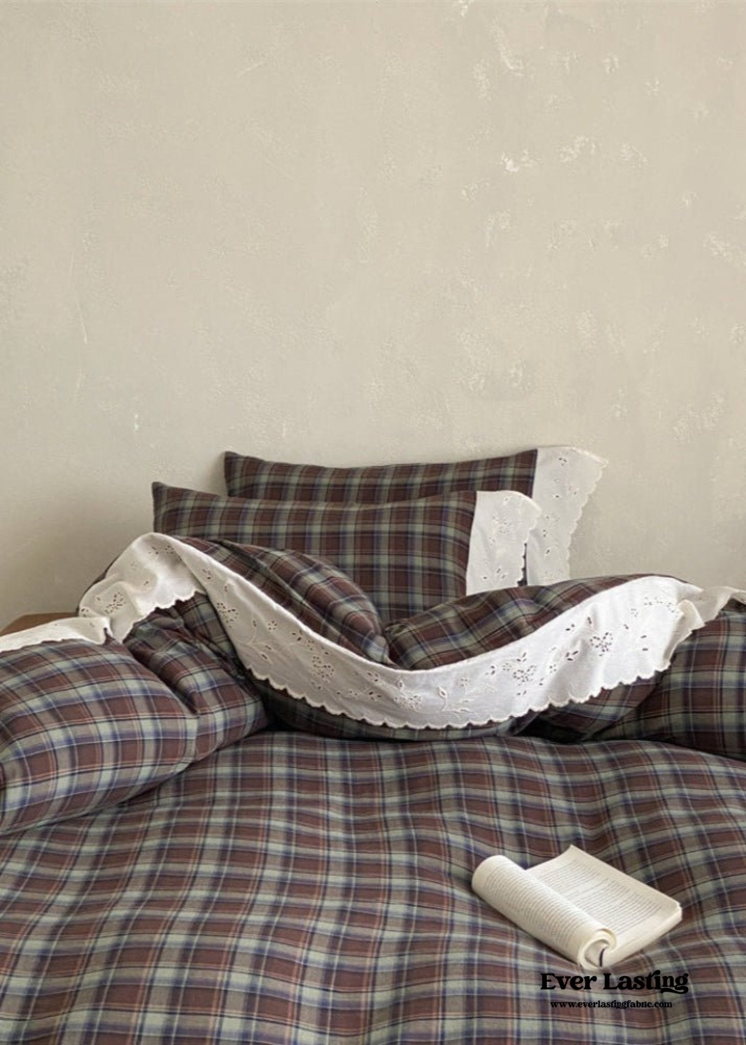 June Lace Double Gauze Gingham Bedding Set / Khaki - Ever Lasting