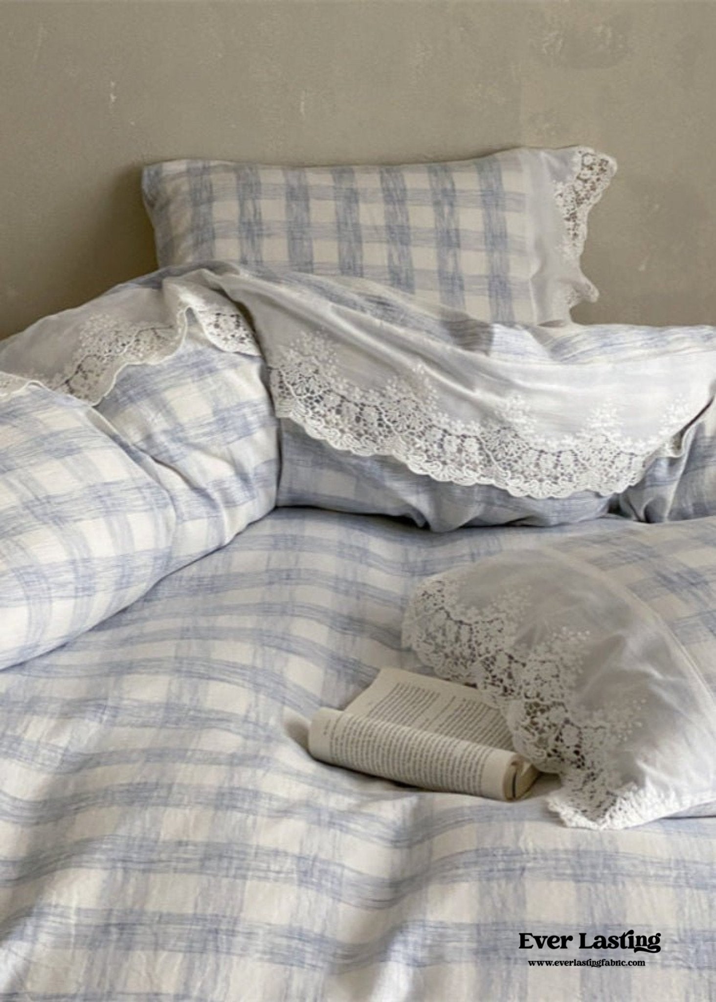 June Lace Double Gauze Gingham Bedding Set / Khaki - Ever Lasting