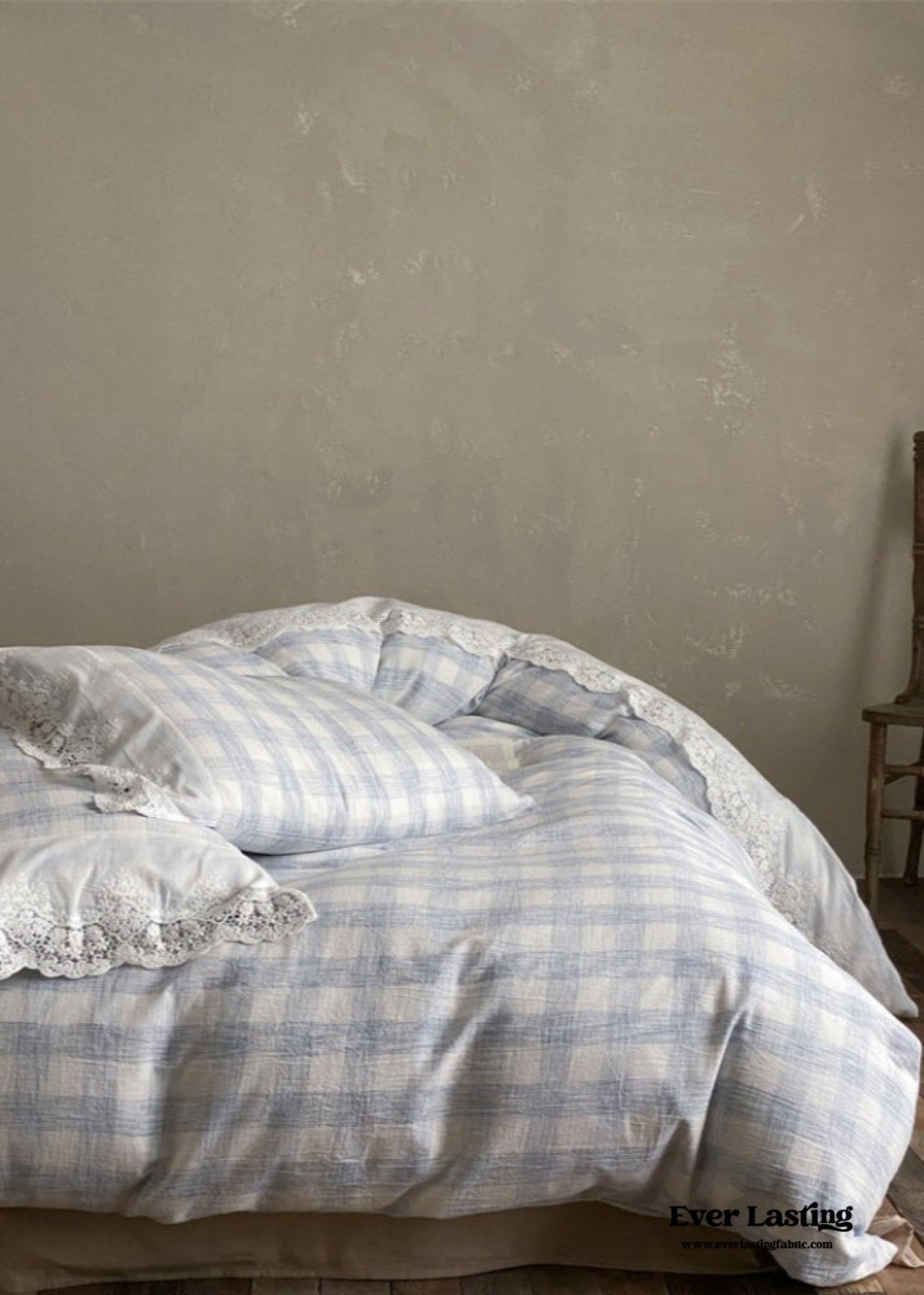 June Lace Double Gauze Gingham Bedding Set / Khaki - Ever Lasting