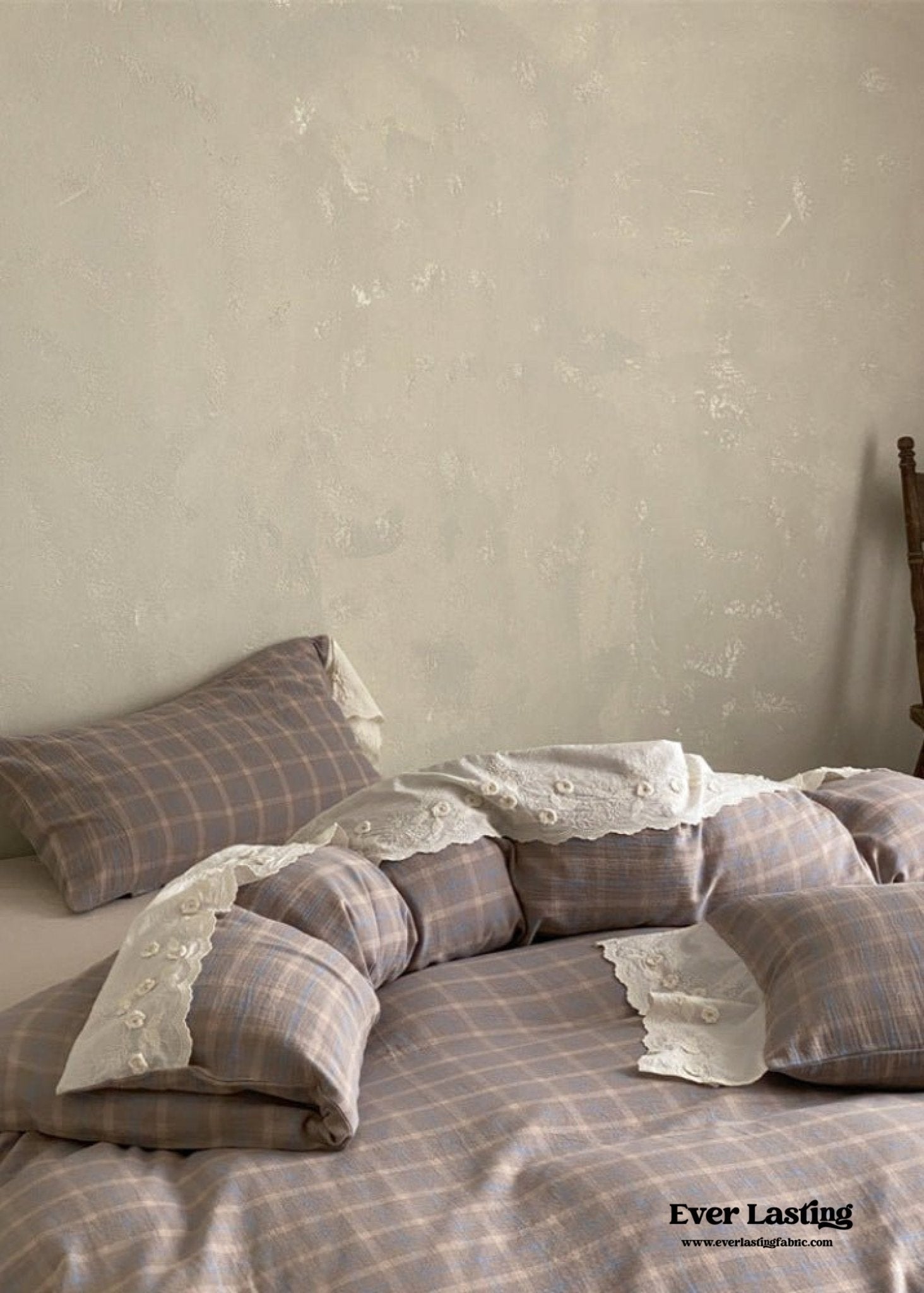 June Lace Double Gauze Gingham Bedding Set / Khaki - Ever Lasting