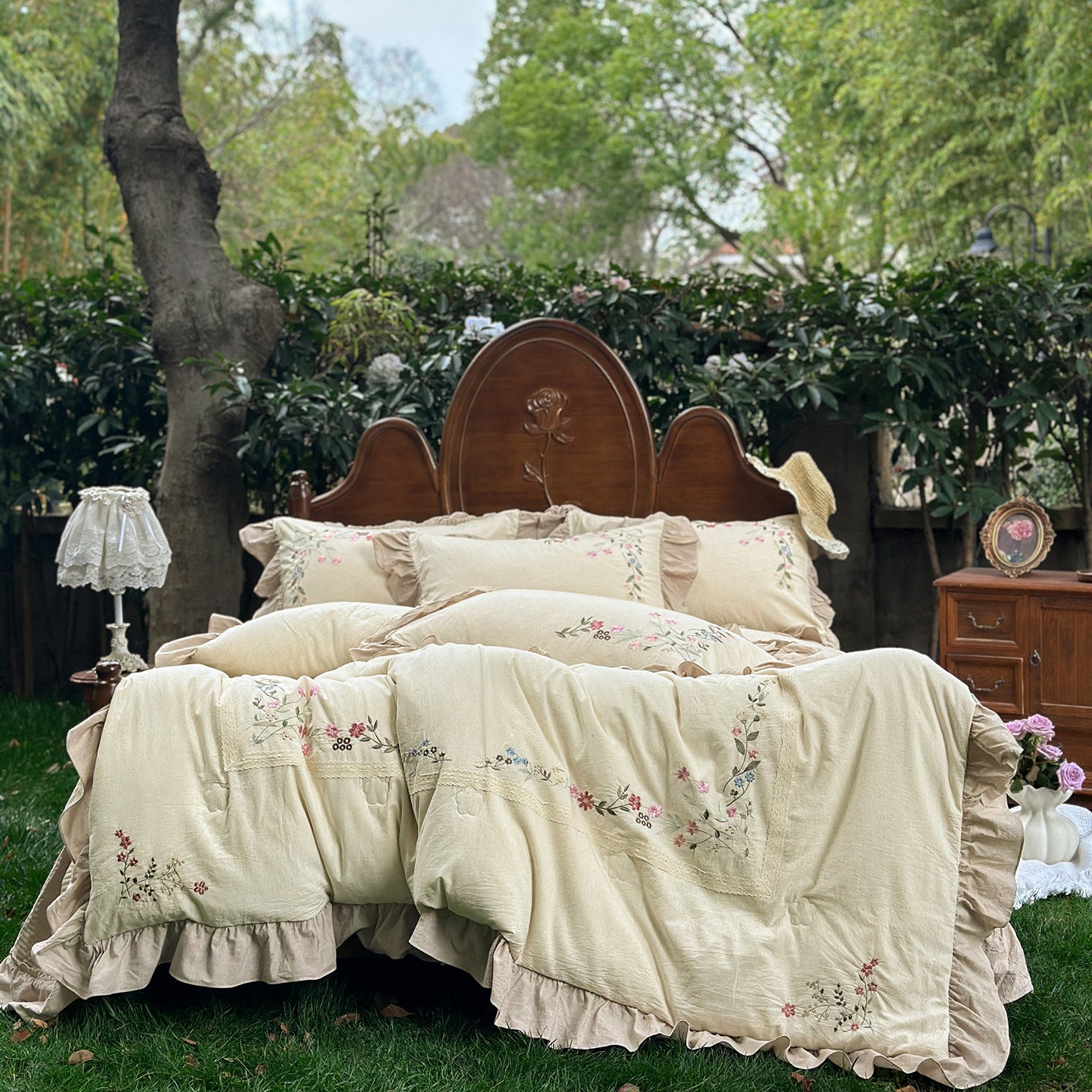 -Ever Lasting - Kennedy Floral Lace Bedding Set / Beige -Bedding Set -Ever Lasting
