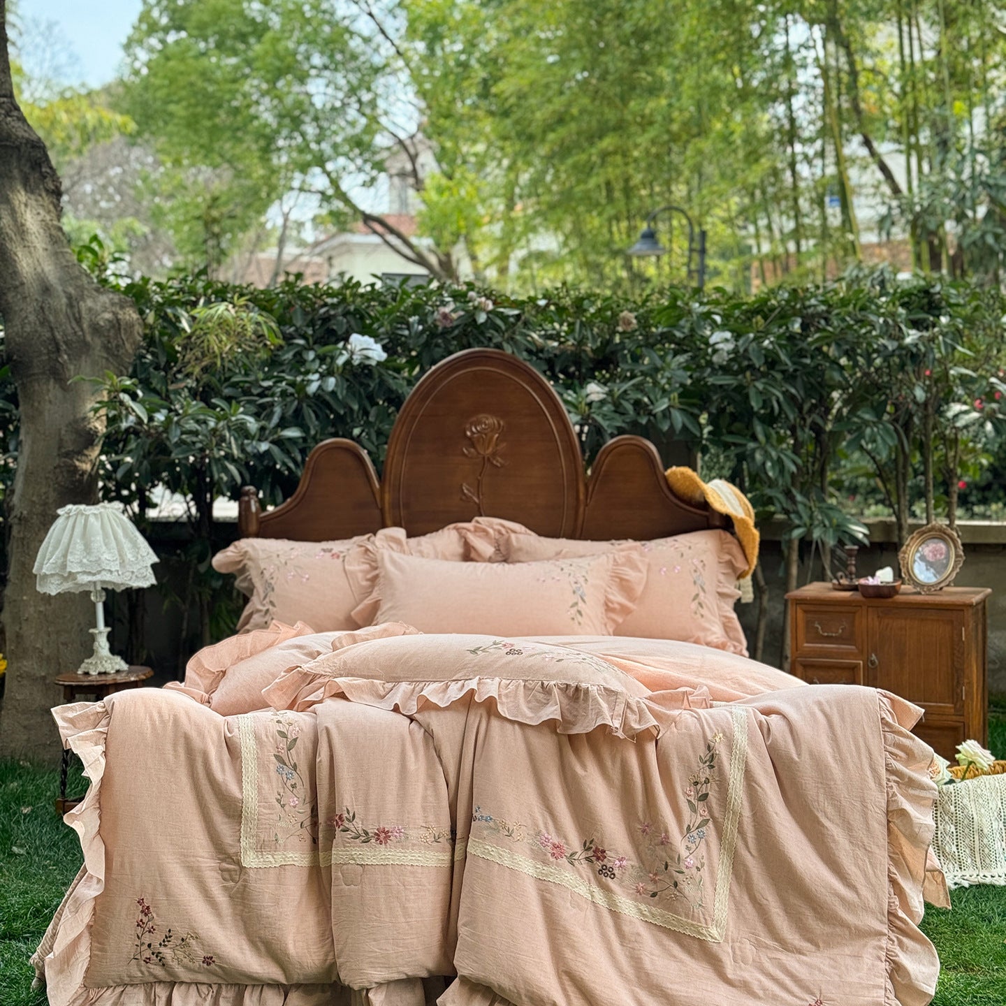 -Ever Lasting - Kennedy Floral Lace Bedding Set / Beige -Bedding Set -Ever Lasting