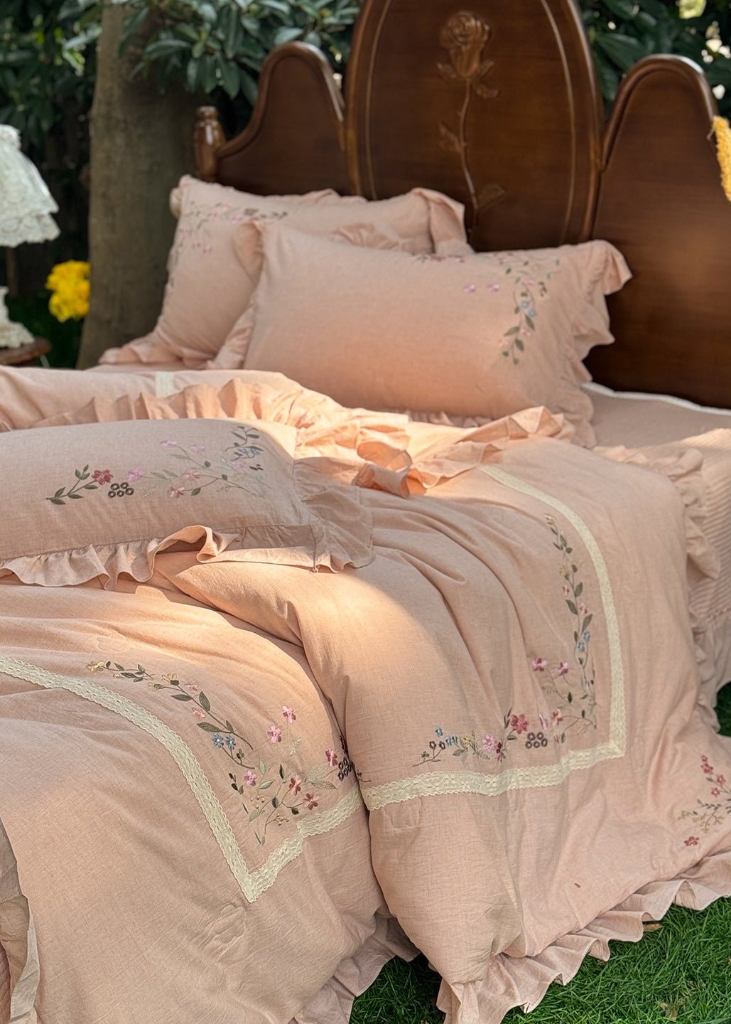 -Ever Lasting - Kennedy Floral Lace Bedding Set / Beige -Bedding Set -Ever Lasting