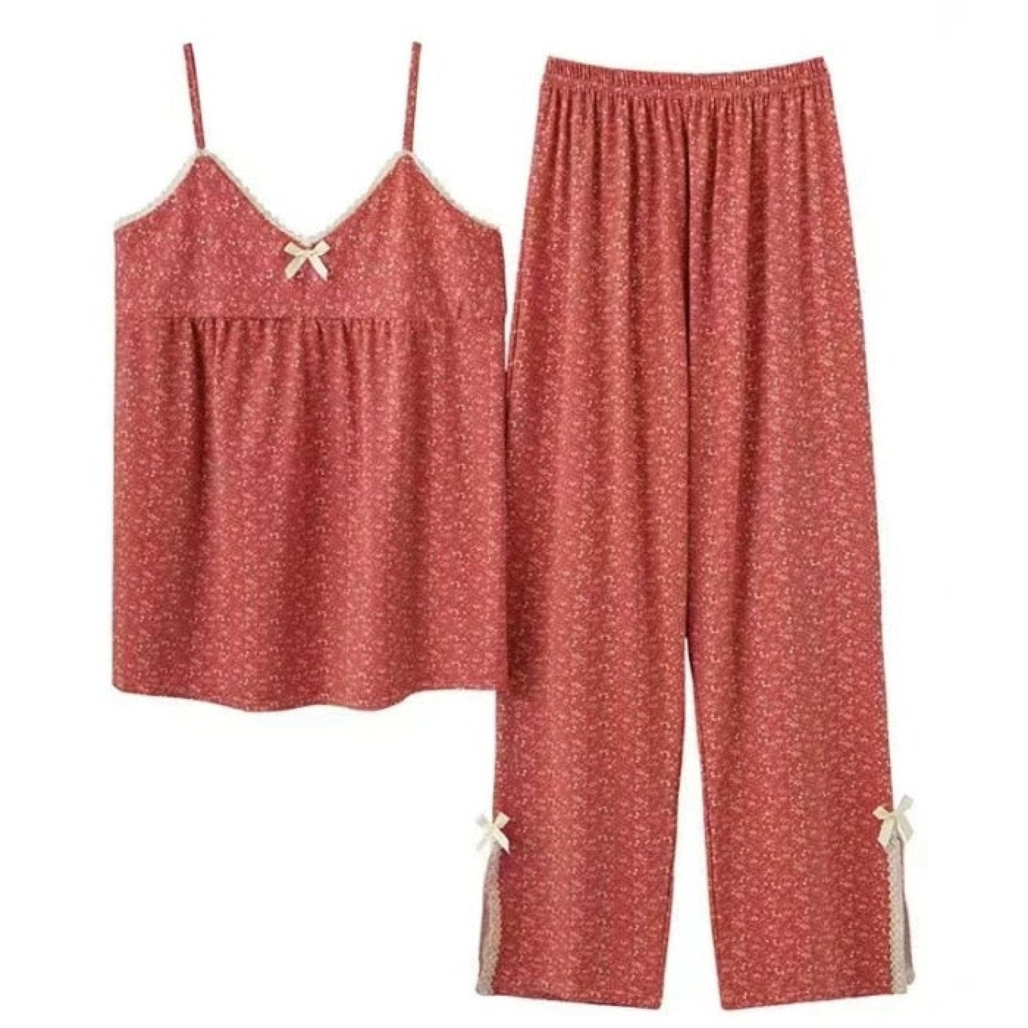 Lace Floral Cotton Tank and Pants Pajama Set / Red - Ever Lasting