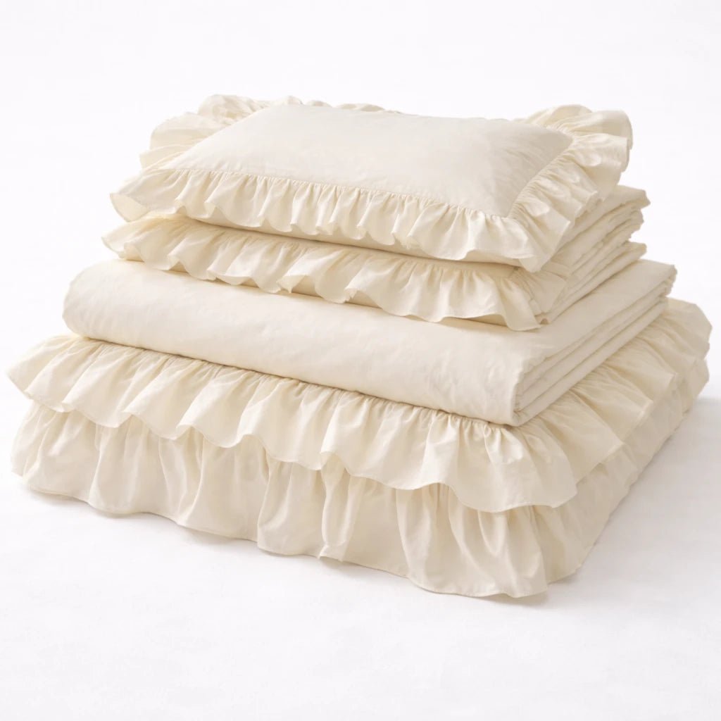 - Ever Lasting - Lacey Lace Ruffle Washed Cotton Bedding Set / White - Bedding Set - Ever Lasting