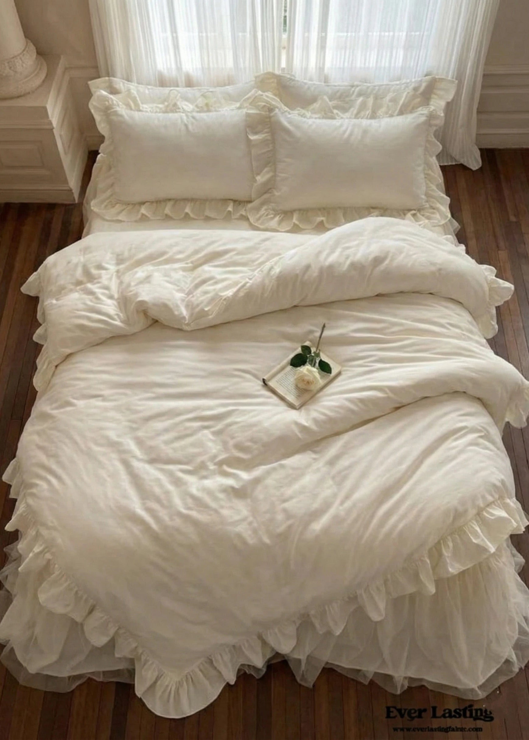 - Ever Lasting - Lacey Lace Ruffle Washed Cotton Bedding Set / White - Bedding Set - Ever Lasting