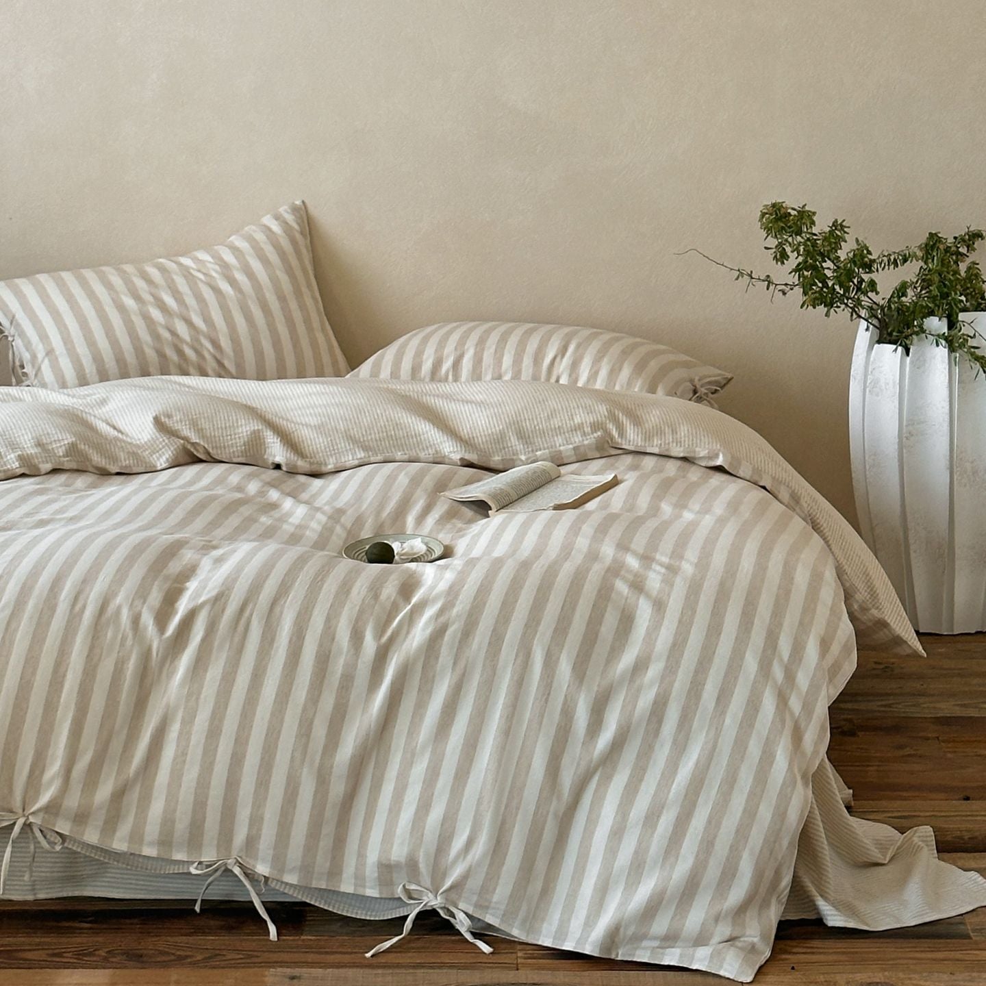 Leah Bow Tied Cotton - Linen Striped Bedding Bundle - Ever Lasting