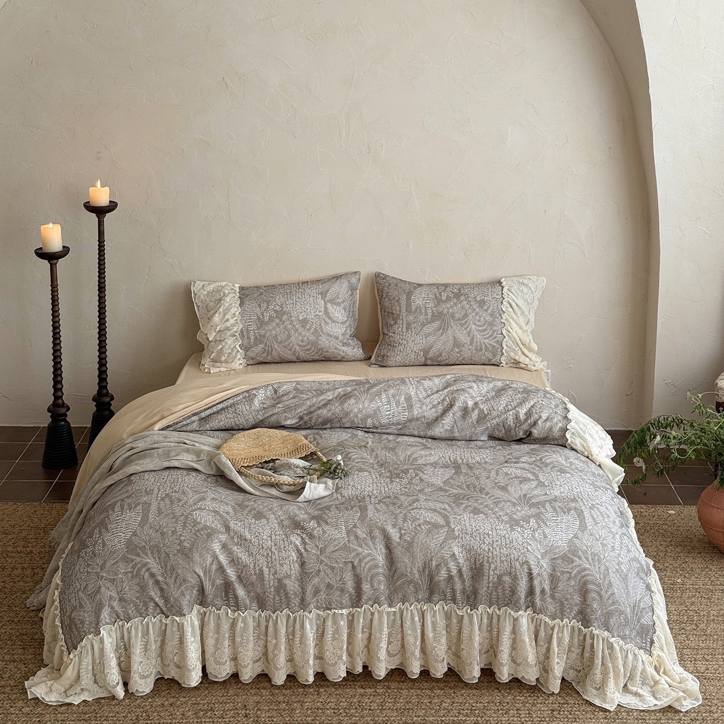 - Ever Lasting - Lena Ruffle Lace Embroidered Bedding Set / Beige - Bedding Set - Ever Lasting