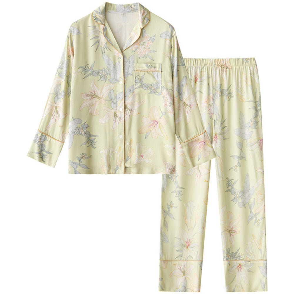Lillian Lapel Collar & Button Front Floral Pajama Set / Long - Sleeve & Long - Pant - Ever Lasting