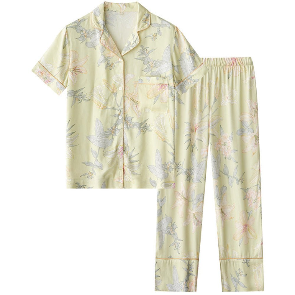 Lillian Lapel Collar & Button Front Floral Pajama Set / Long - Sleeve & Long - Pant - Ever Lasting