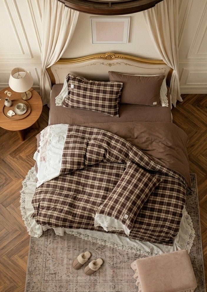 - Ever Lasting - Lilliana Plaid Ruffle Lace Bedding Set / Brown - Bedding Set - Ever Lasting