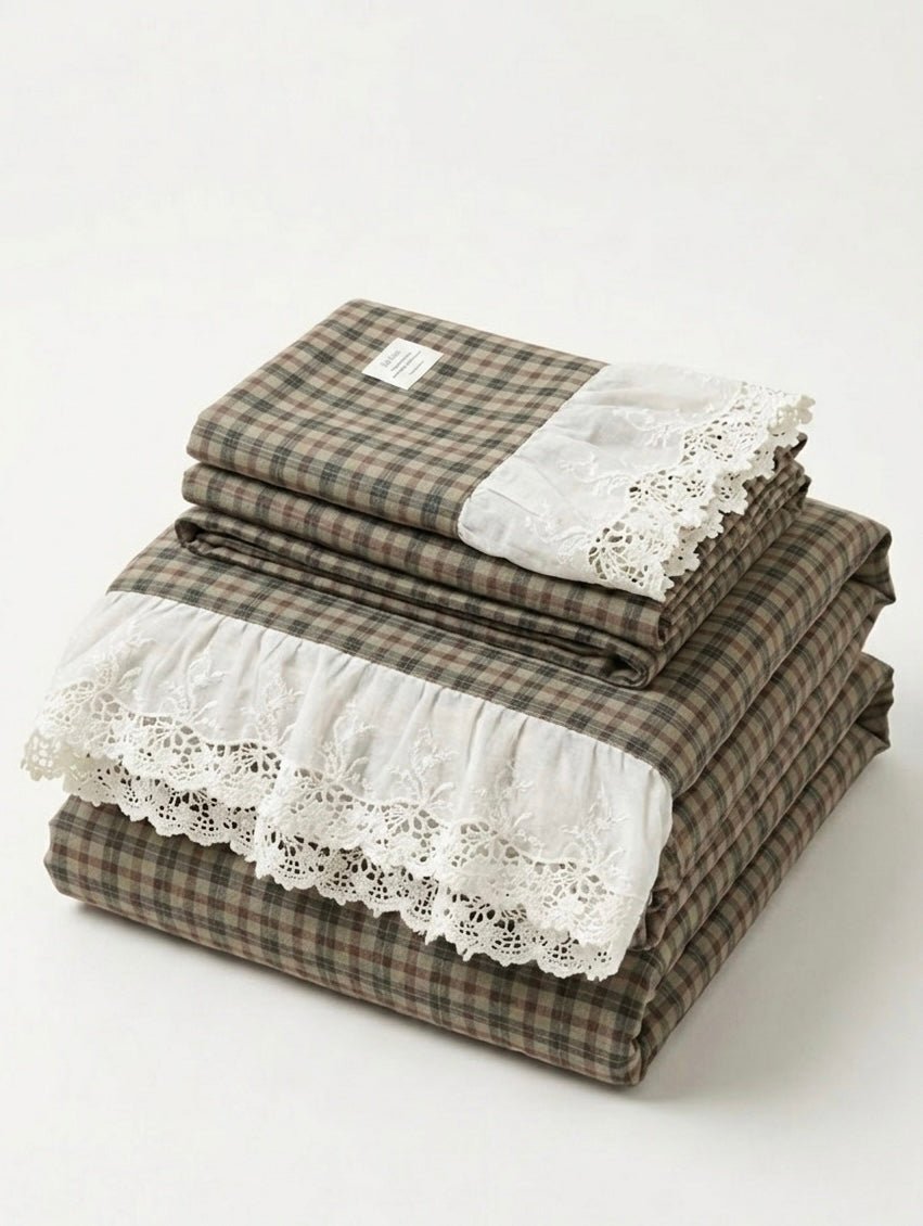 - Ever Lasting - Lilliana Plaid Ruffle Lace Bedding Set / Green - Bedding Set - Ever Lasting