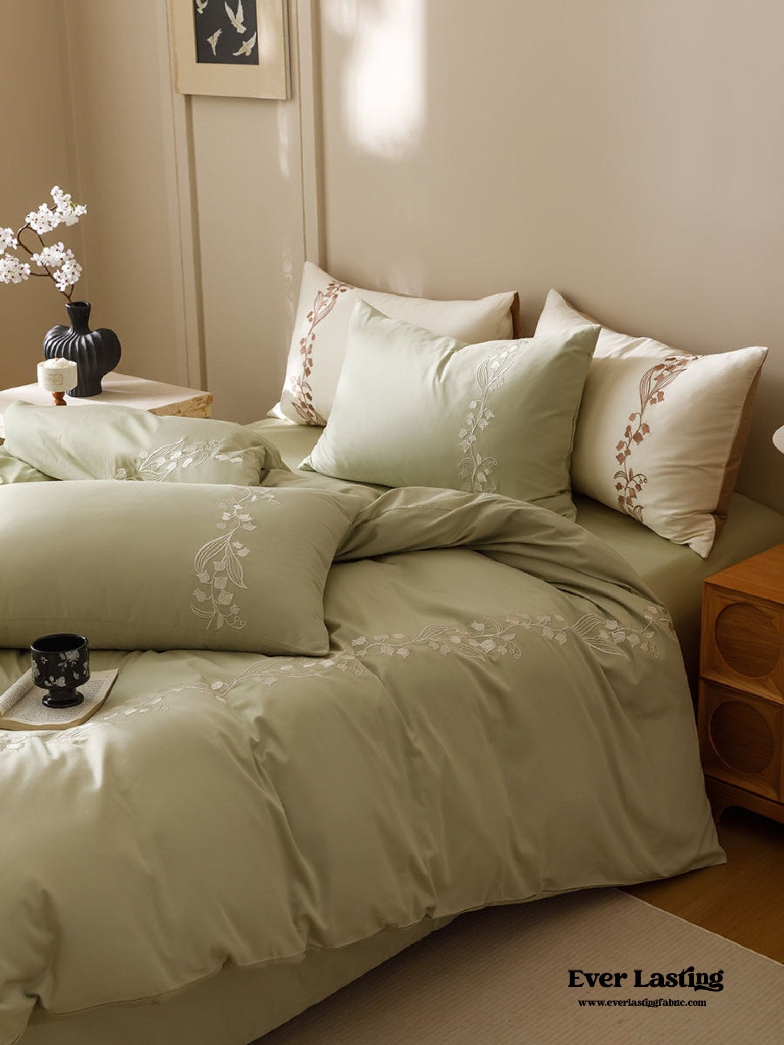 Lily of the Valley Embroidered Silky Bedding Bundle - Ever Lasting