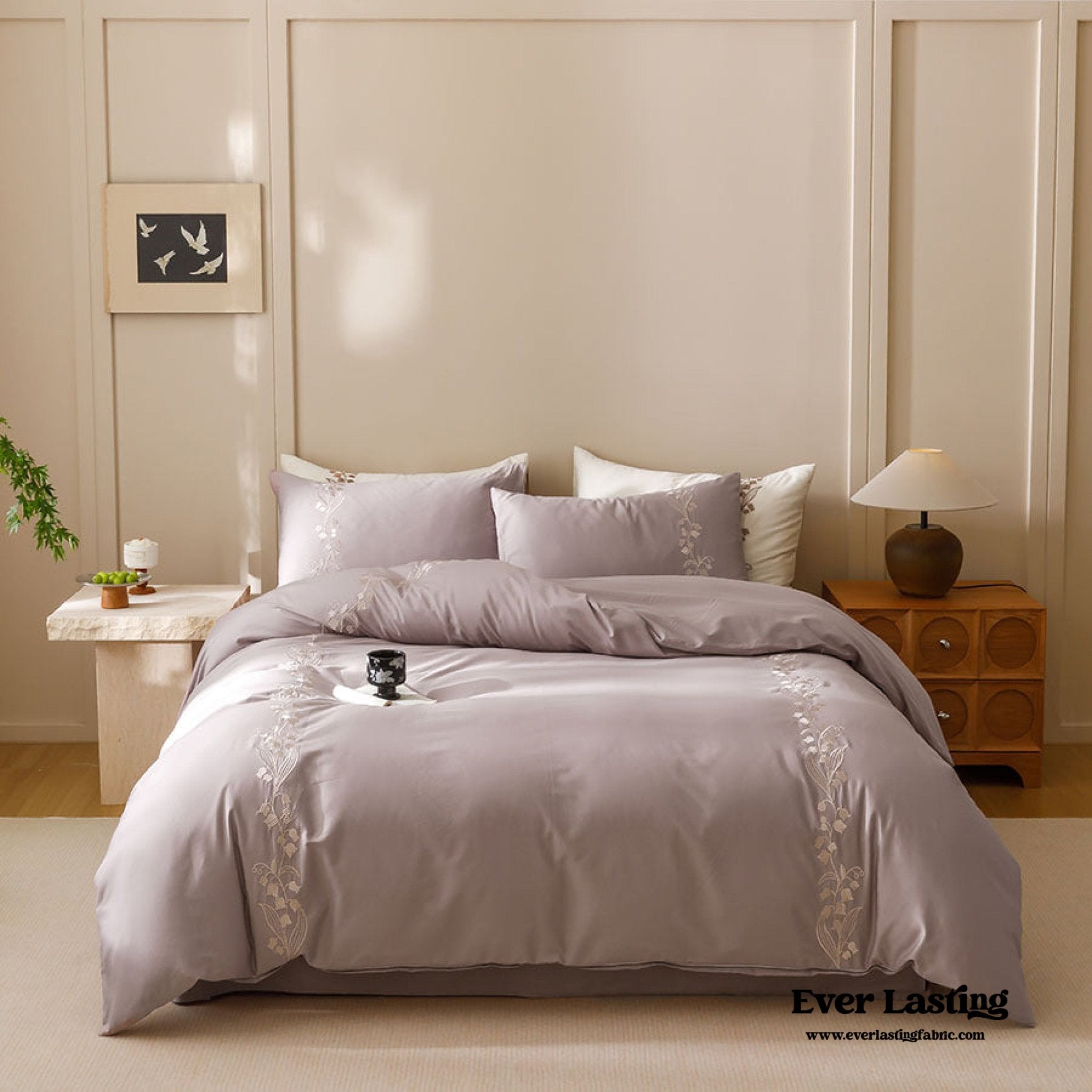 Lily of the Valley Embroidered Silky Bedding Bundle - Ever Lasting