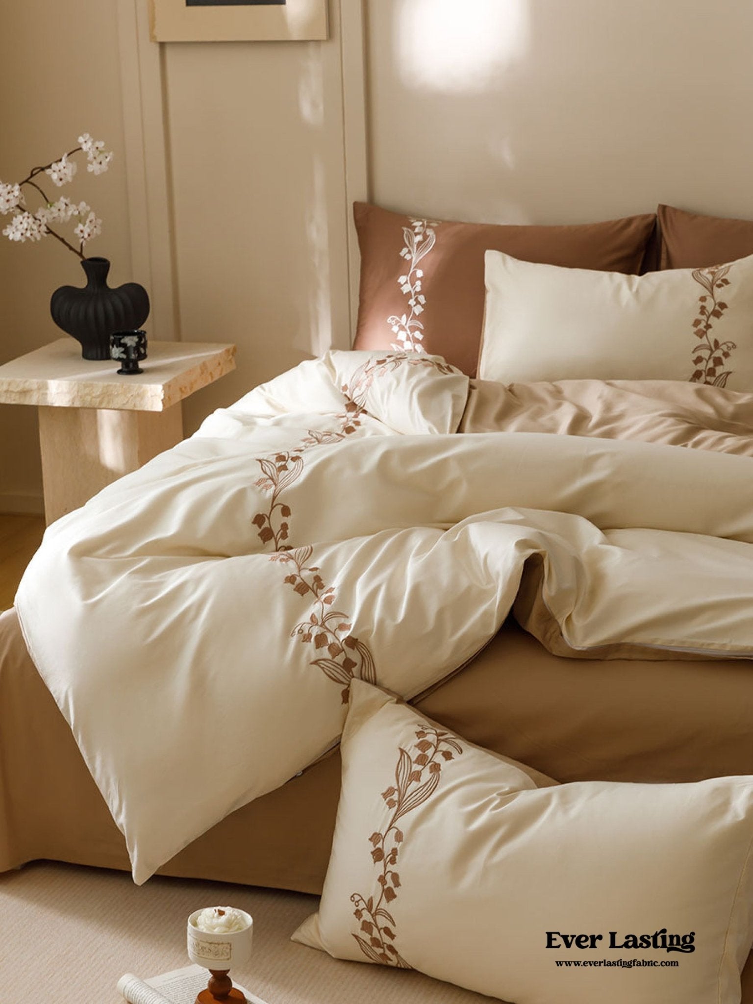 Lily of the Valley Embroidered Silky Bedding Bundle - Ever Lasting