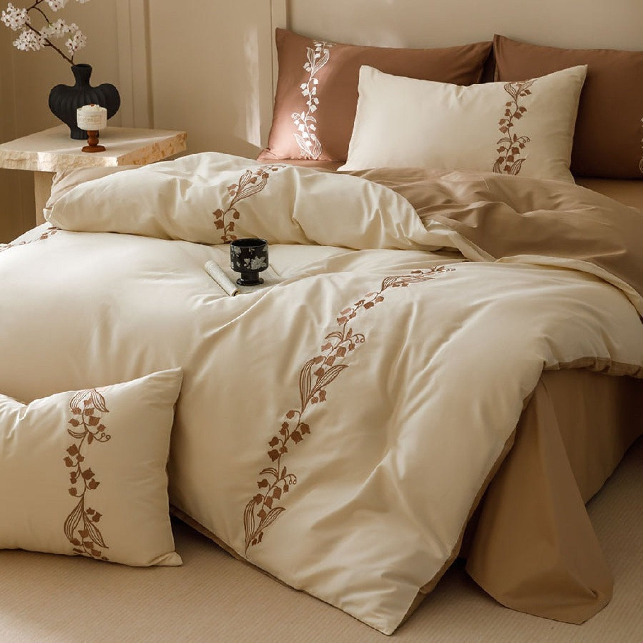 Lily of the Valley Embroidered Silky Bedding Set / Cream - Ever Lasting