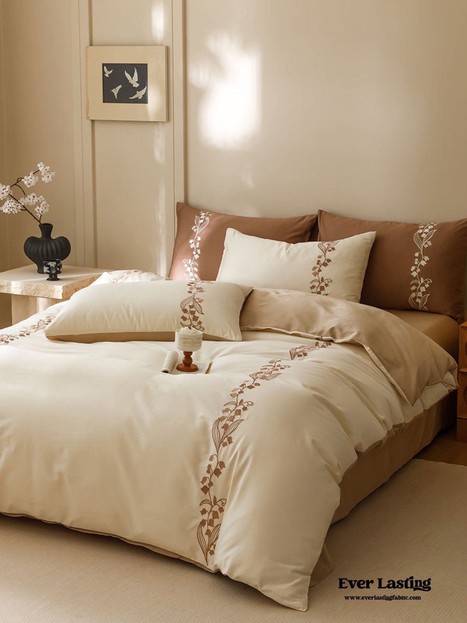 Lily of the Valley Embroidered Silky Bedding Set / Cream - Ever Lasting