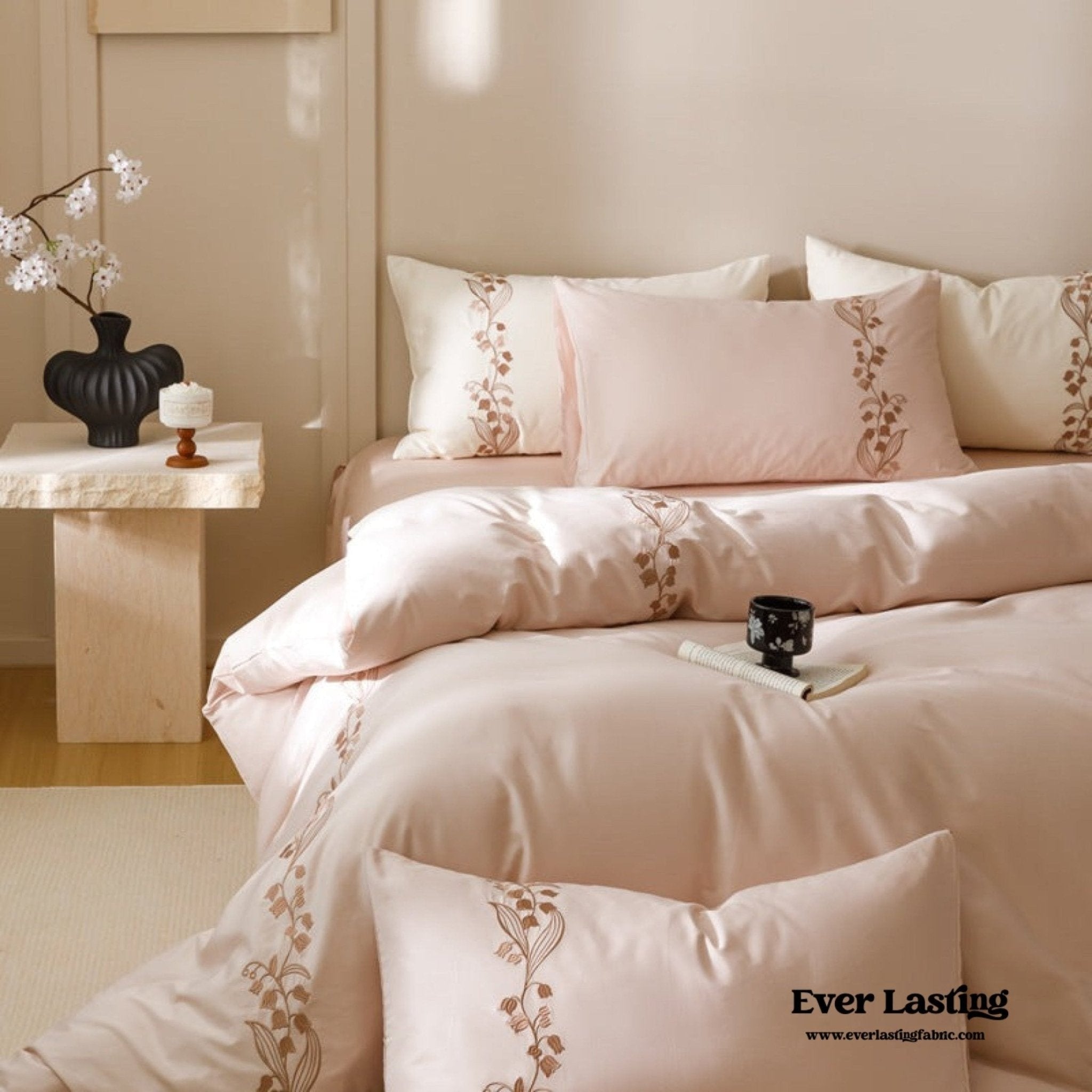 Lily of the Valley Embroidered Silky Bedding Set / Pink - Ever Lasting