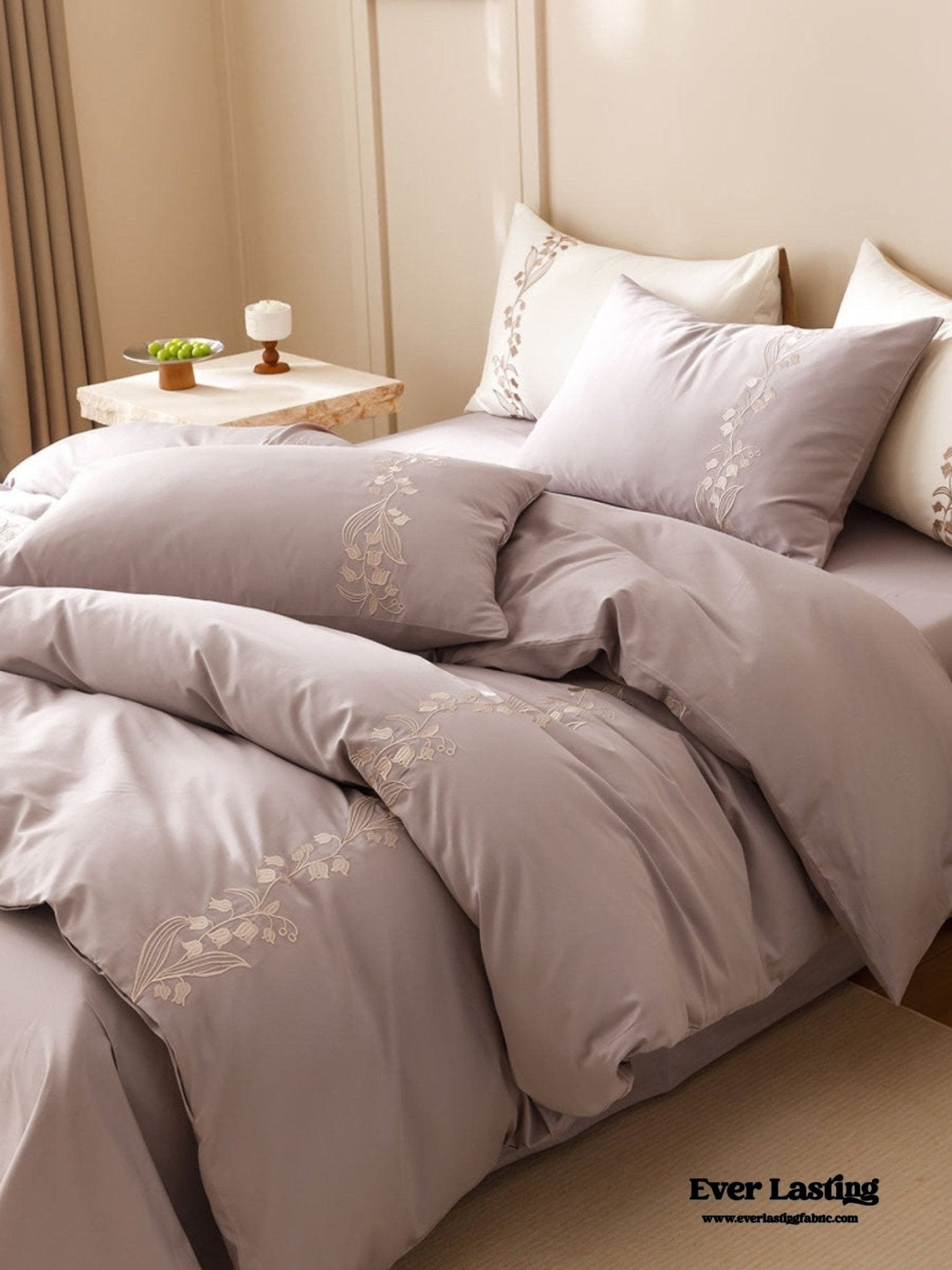 Lily of the Valley Embroidered Silky Bedding Set / Purple - Ever Lasting